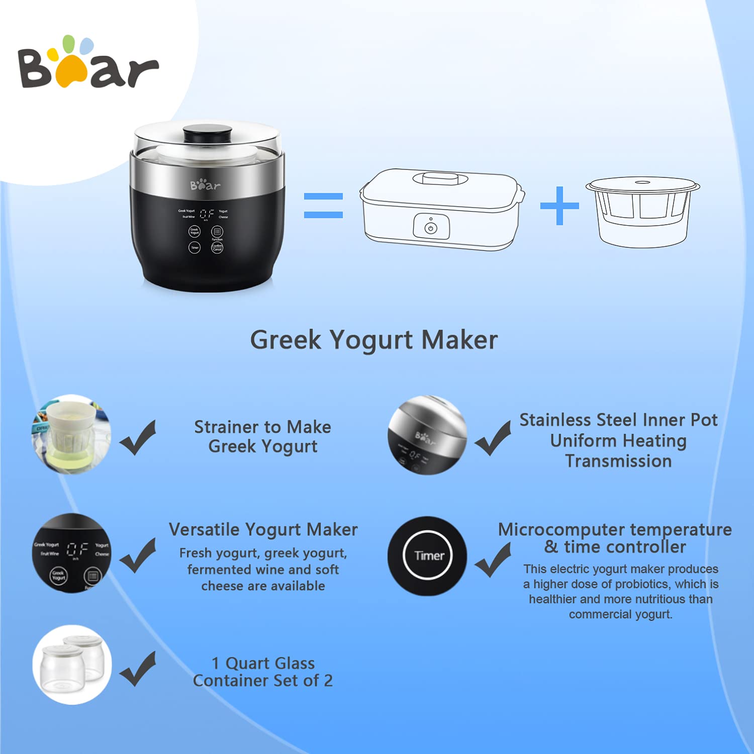 Premium Greek Yogurt Maker Machine with Strainer & Timer - Stainless Steel Inner Pot, 2 Glass Jars (1 Quart) - Automatic Digital Yogurt Maker for Homemade Organic Yogurt - Perfect for Healthy Breakfast, Snacks & Keto/Low-Carb Diets