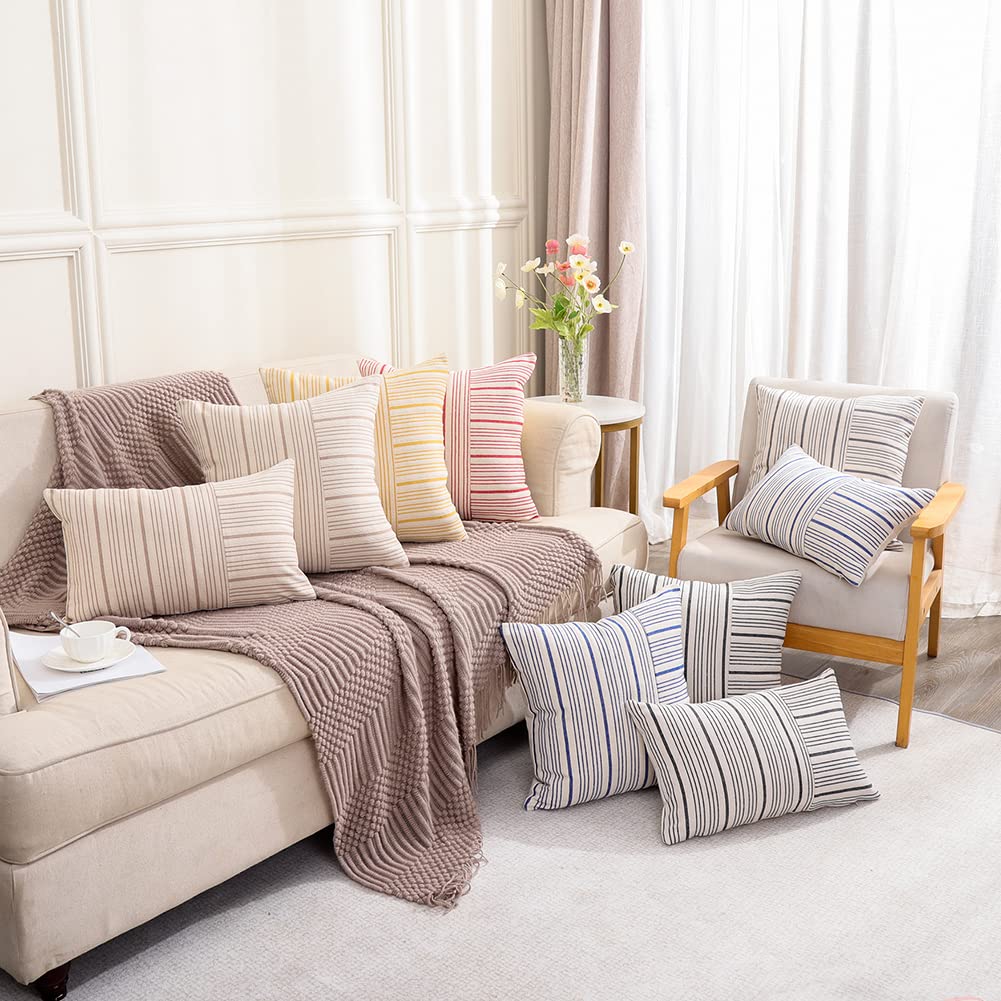 CARRIE HOME Mustard Yellow & Beige Farmhouse European Pillow Covers 24x24 Inch Set of 2 - Striped Patchwork Decorative Modern Throw Pillows for Bedroom, Couch & Sofa - Perfect for Farmhouse Decor, Living Room Accent & Cozy Home Styling