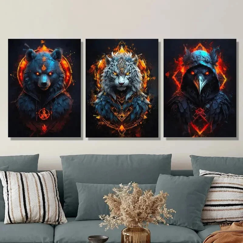 3-Piece Metal Wall Art Set - Red Flaming White Tiger, Black Bear & Crow - Ready to Hang Home Decor for Living Room, Bedroom or Office