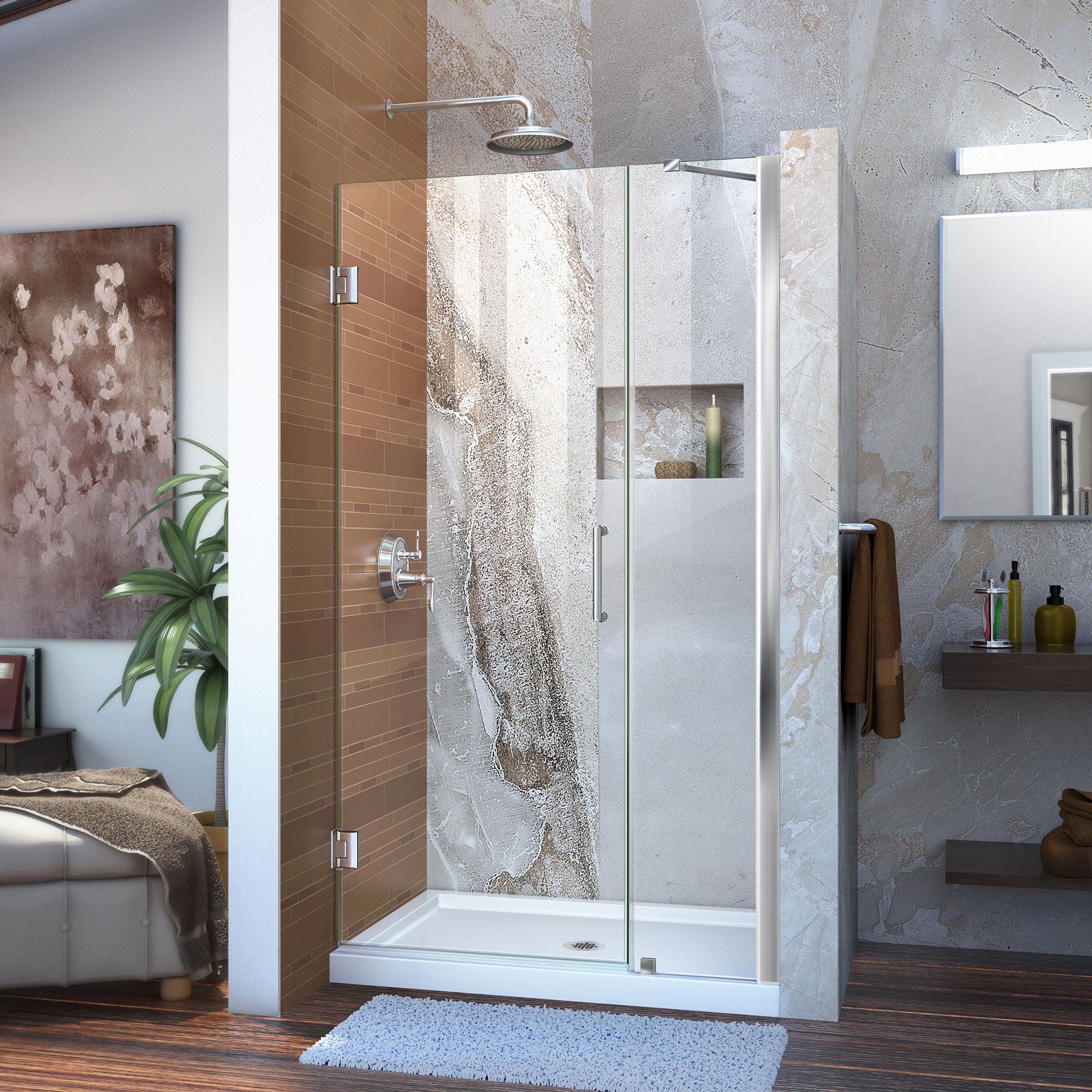 DreamLine Unidoor 41-42 Inch W x 72 Inch H Frameless Hinged Shower Door with Support Arm - Clear Tempered Glass - Perfect for Modern Bathroom Renovations & Spa-Like Showers