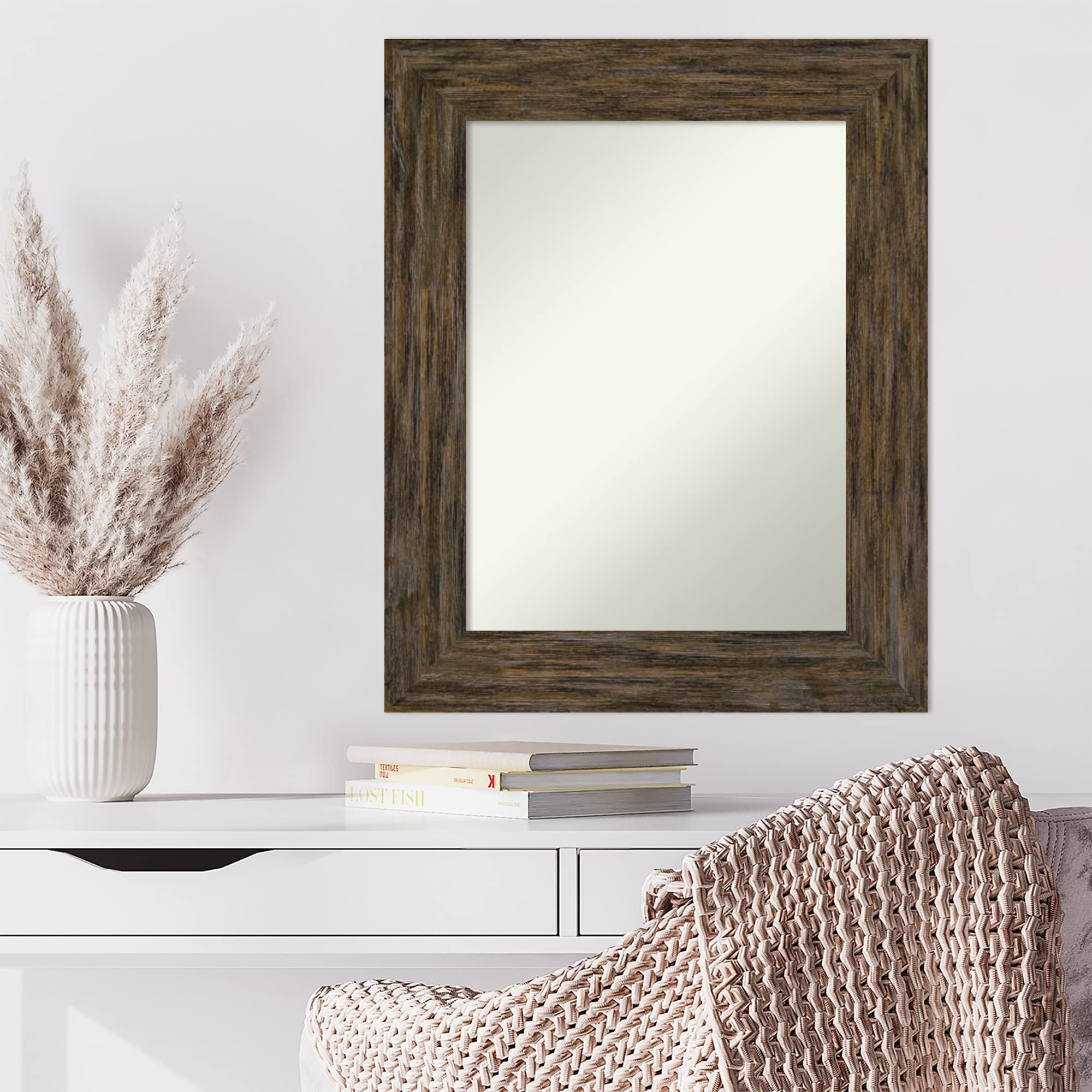 Amanti Art 31x25 Inch Brown Rectangle Wall Mirror with Rustic Wood Frame - Horizontal & Vertical Hanging for Bathroom, Living Room, Bedroom Decor | Country Style Home & Office Wall Decor