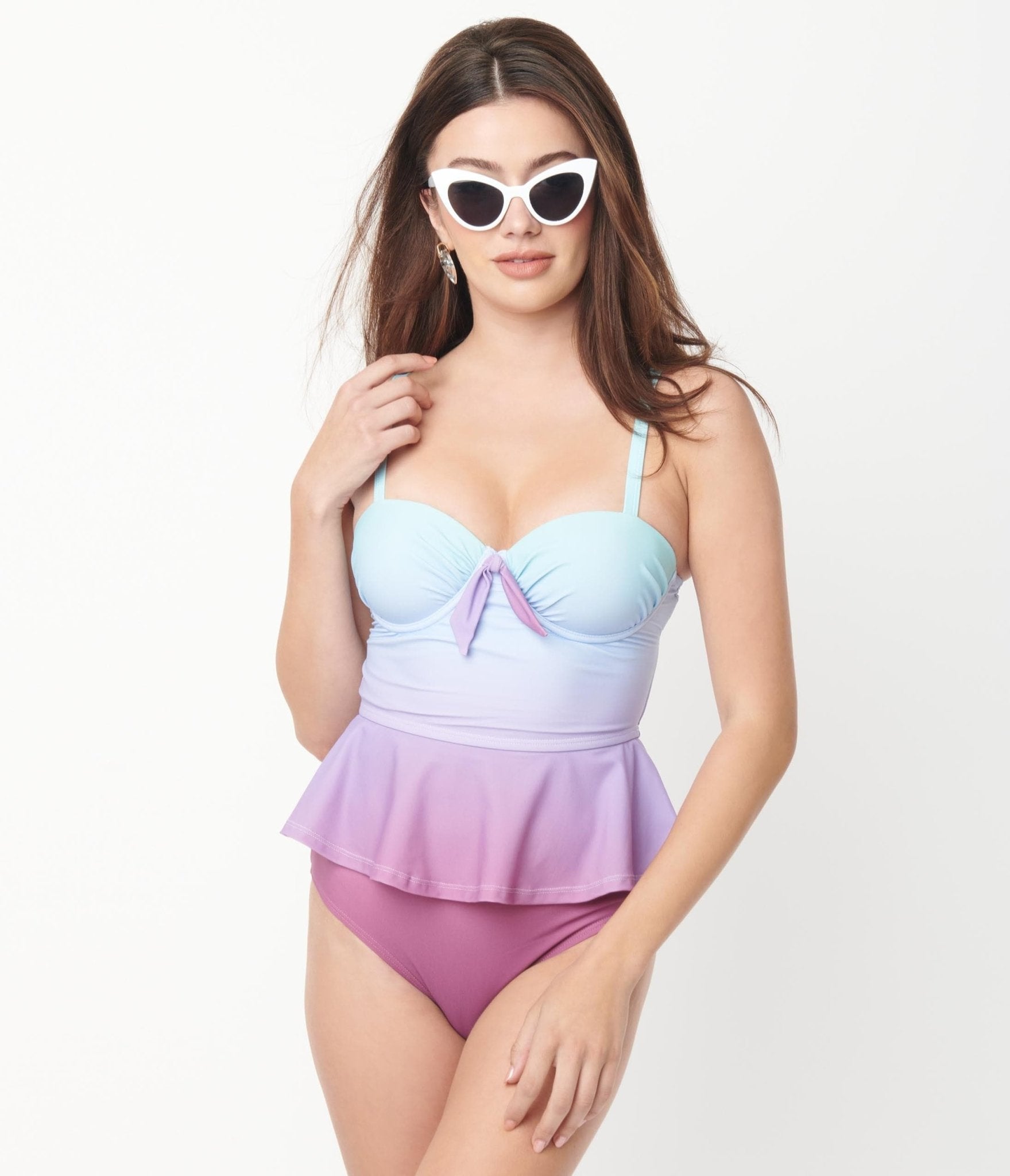 Vintage Blue & Purple Ombre Peplum Solana Tankini Swim Top for Women - Retro High Waist Bikini Top for Beach, Pool & Summer Vacations
