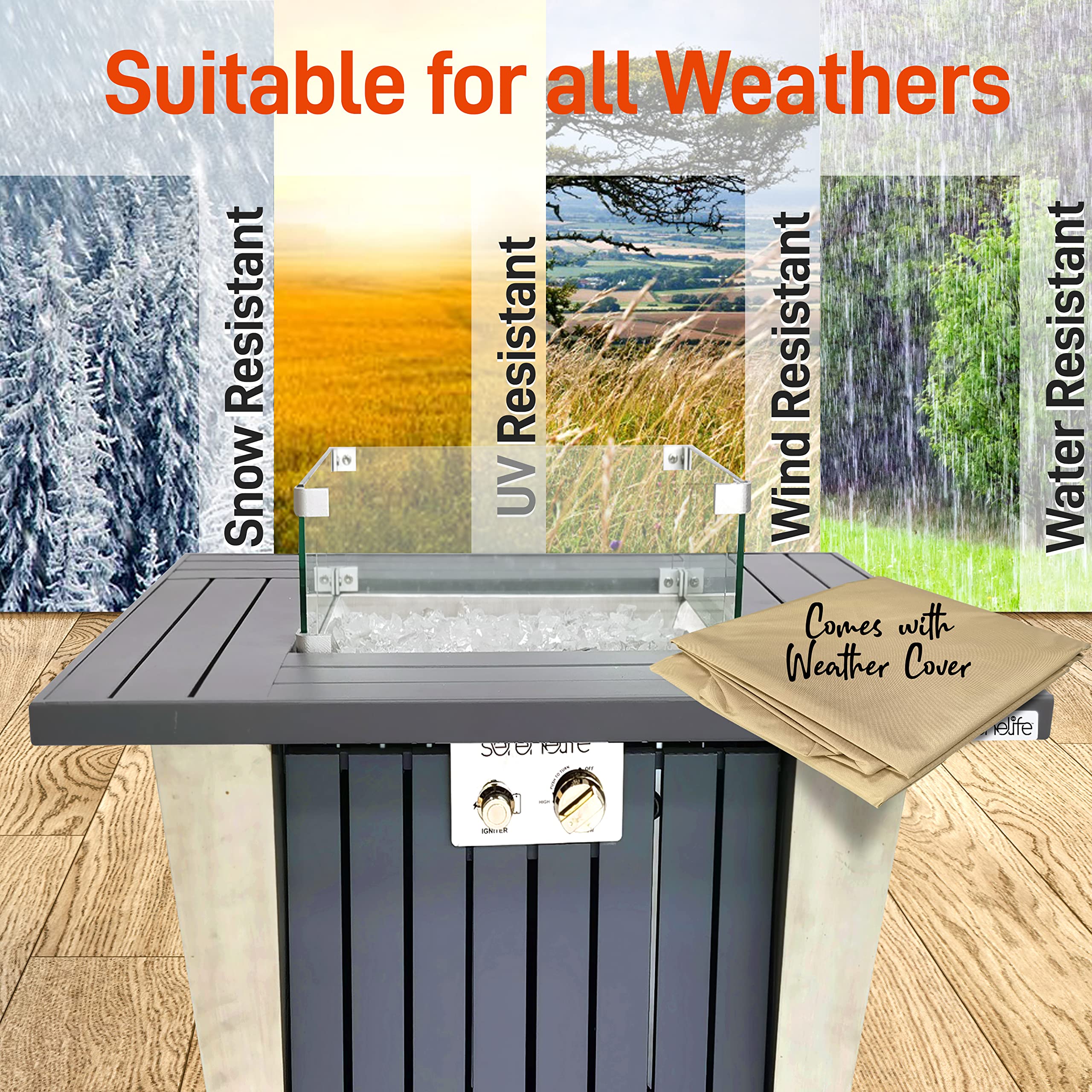 SereneLife Outdoor Propane Fire Pit Table - CSA/ETL Certified 50,000 BTU Square Gas Fire Table with Adjustable Flame, Pulse Ignition & Weatherproof Design - Includes Glass Wind Guard & Fire Glass Rocks - Perfect for Patio, Backyard, Deck & Outdoor Gatherings - SLFPX69