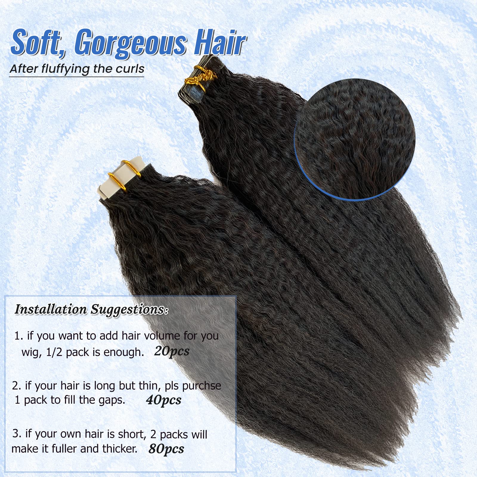 Brazilian Virgin Tape in Hair Extensions 20 Inch - 40 Pieces 100G Double Sided Human Hair for Black Women (#1B Natural Black) | Kinky Straight Tape Ins for Styling, Volume & Length | Perfect for Daily Wear, Special Occasions & Protective Hairstyles