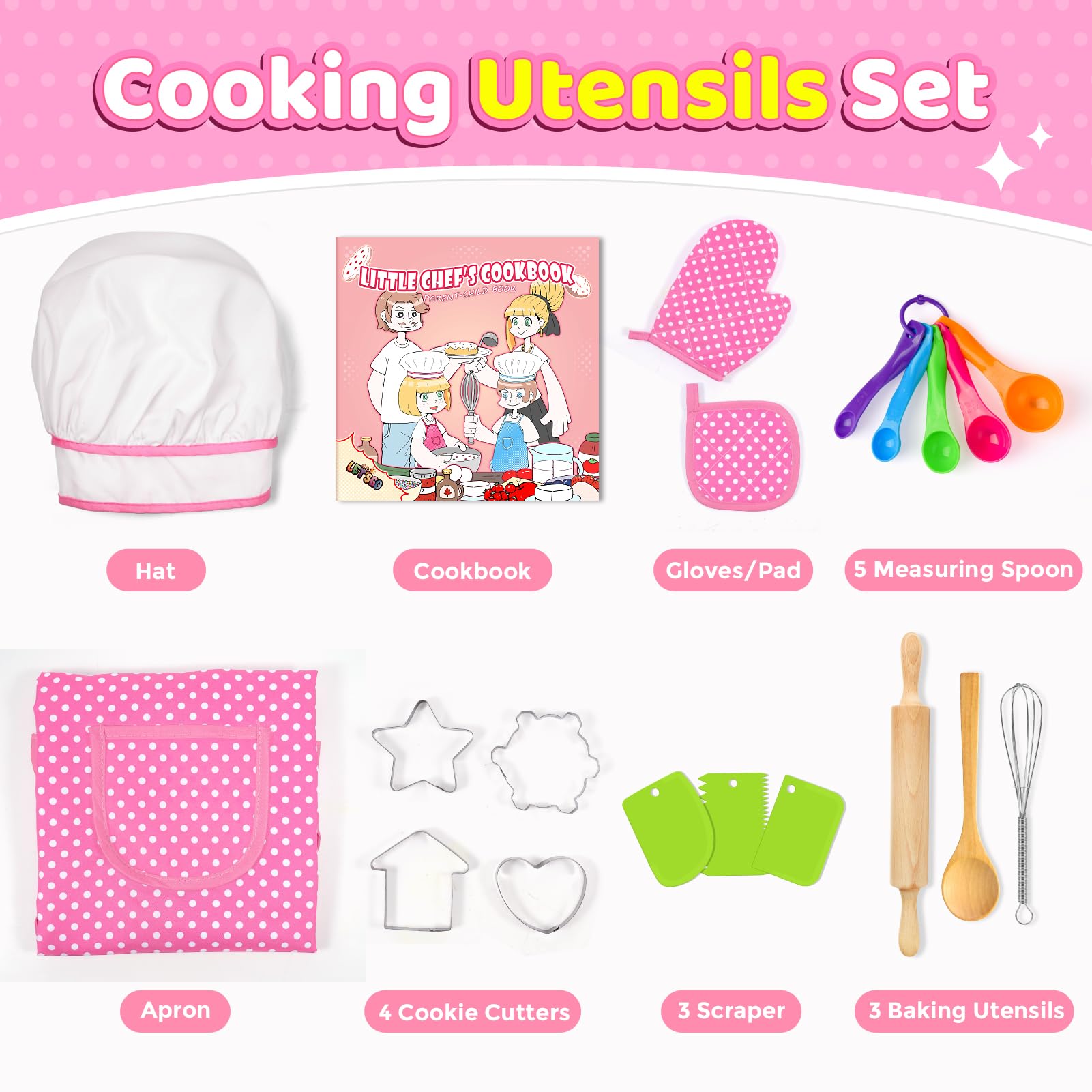Kids Chef Set - 20Pcs Kitchen Role Play Toys with Apron & Hat for Toddlers 3-8 | Cooking & Baking Gift for Girls
