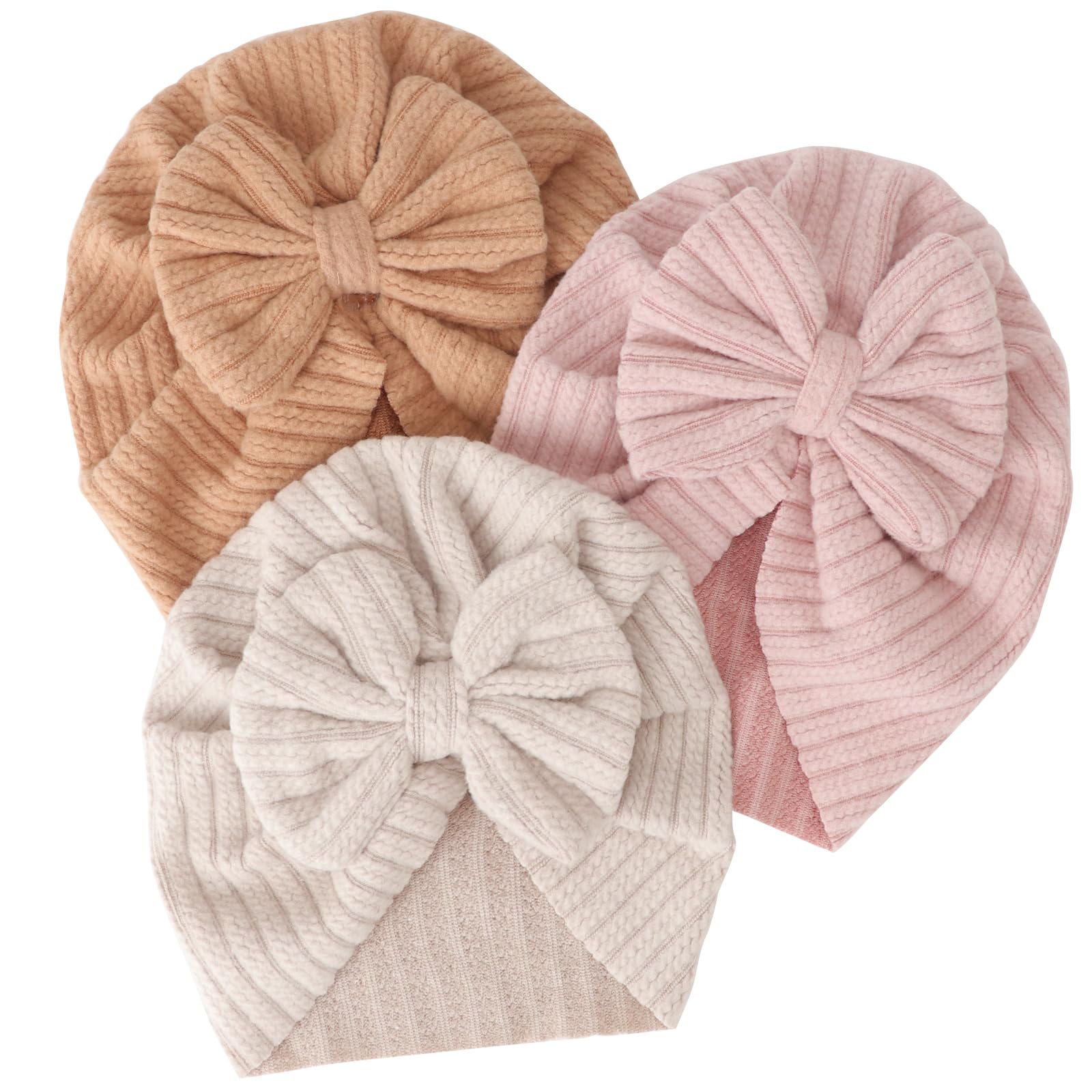 DRESHOW BQUBO 3-Piece Newborn Baby Turban Hats with Bows - Soft Breathable Infant Beanie for Baby Girls & Toddlers - Perfect for Photography, Birthday Parties & Daily Outfits