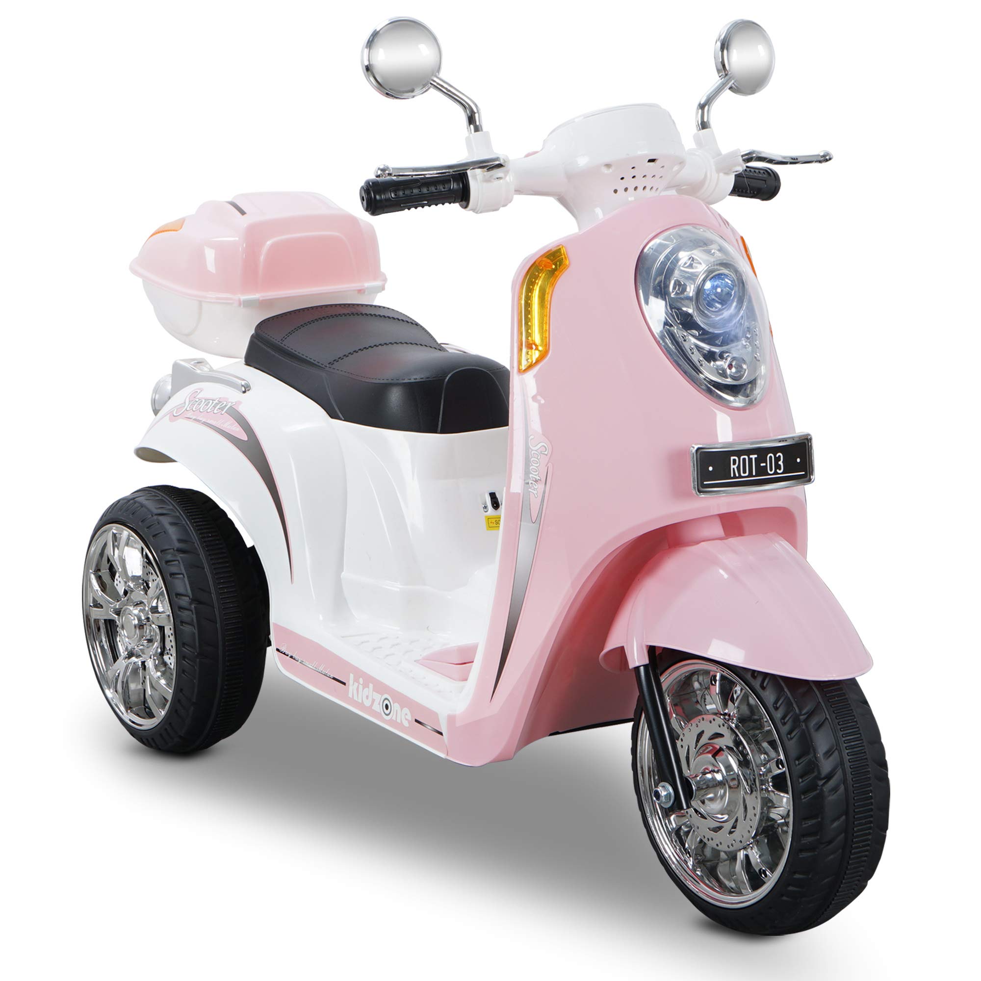 **Kidzone 6V Battery-Powered Ride On Motorcycle Toy for Toddlers 3+ Years - 3-Wheel Electric Scooter with Music, LED Headlight, Horn & Storage Trunk - Light Pink - Perfect for Indoor & Outdoor Play**