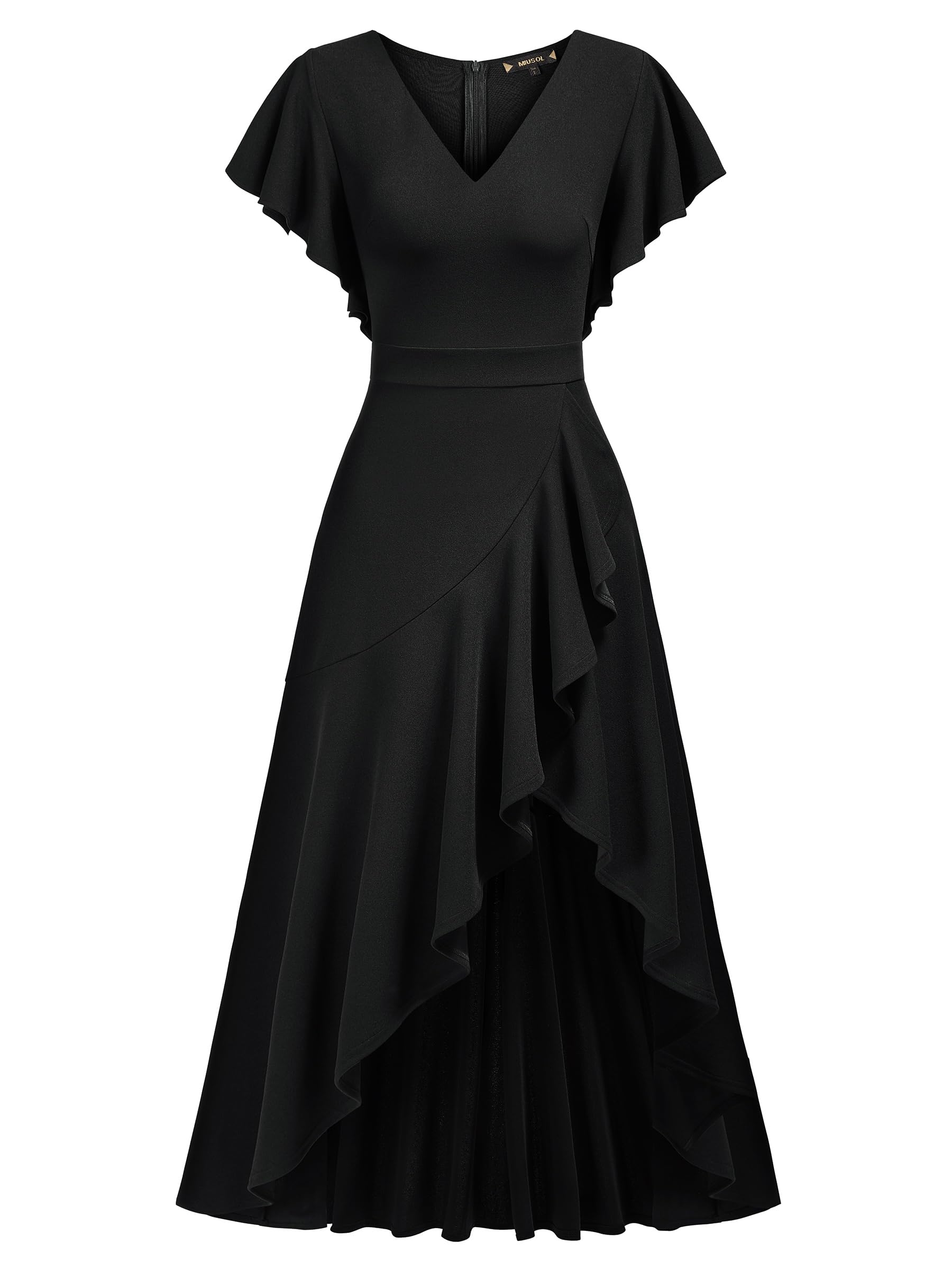 Elegant Miusol Women's V-Neck Ruffle Split Long Evening Dress for Formal Parties, Weddings & Special Occasions - Flattering Formal Gown for Prom, Cocktail Events & Black Tie Affairs