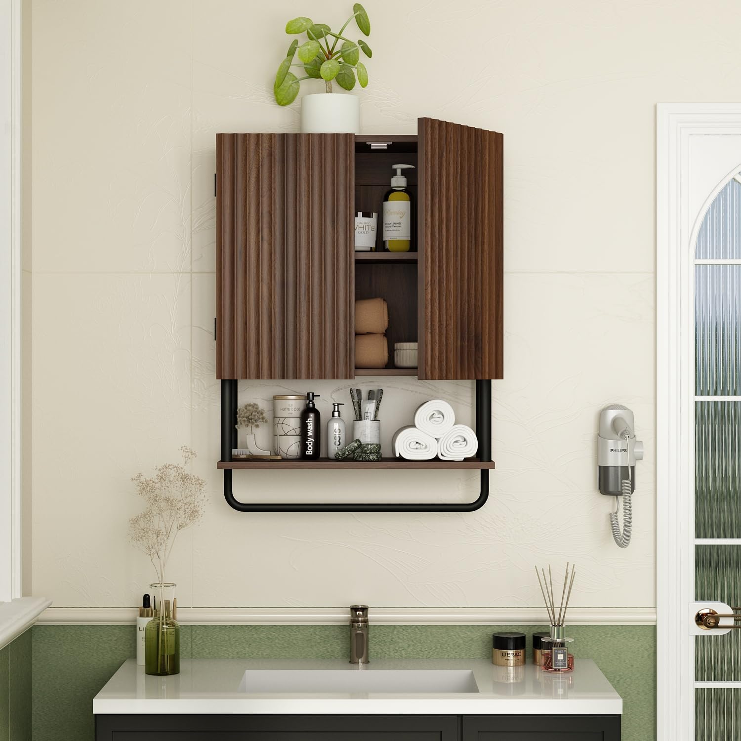 RUSTOWN 2-Door Fluted Bathroom Wall Cabinet with Adjustable Shelf & Towel Bar - 3-Tier Modern Farmhouse Medicine Cabinet for Over The Toilet Storage (Dark Walnut, Medium) - Perfect for Bathroom Organization & Small Space Storage Solutions