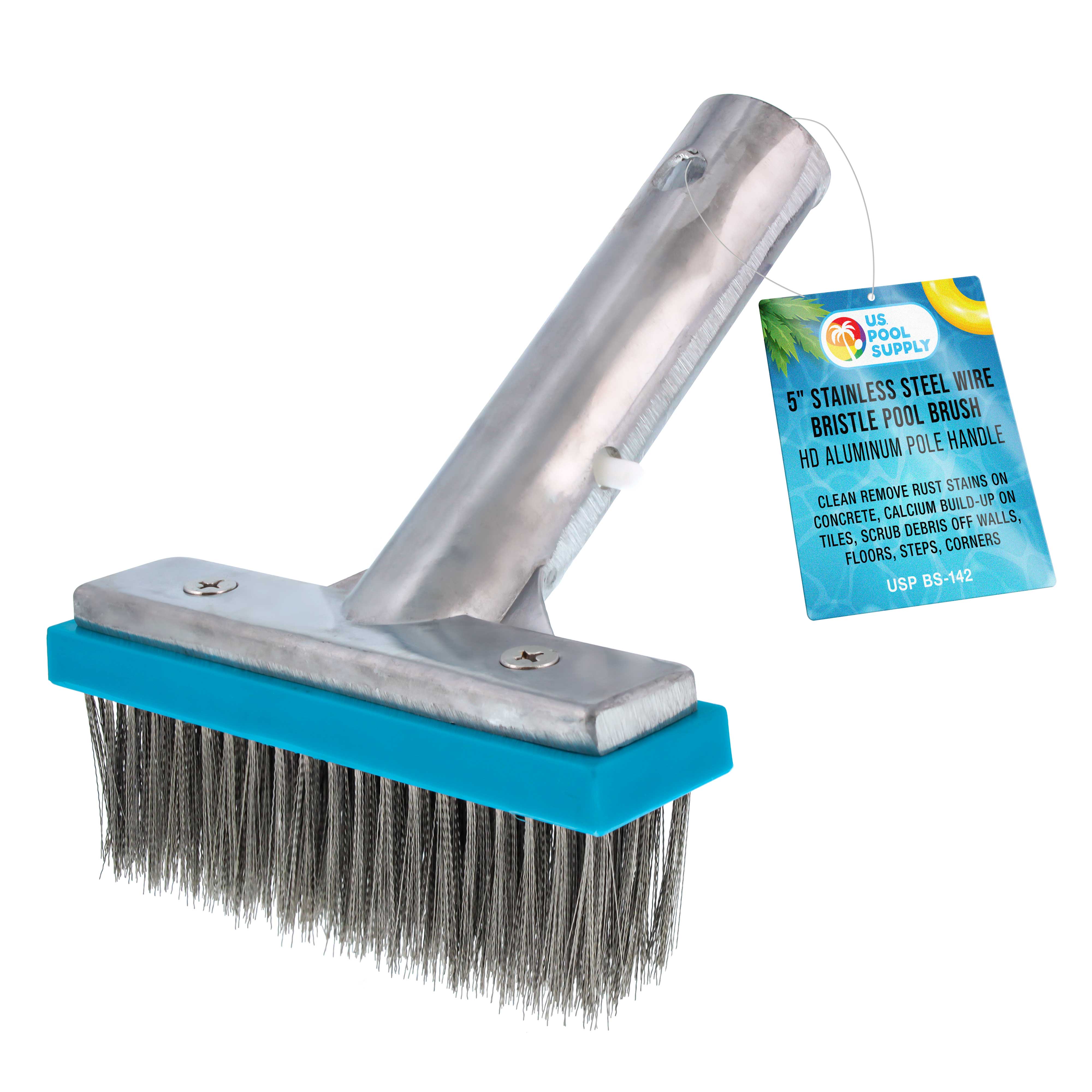 5 Stainless Steel Wire Bristle Pool Brush with HD Aluminum Pole Handle - Heavy Duty Pool Cleaning Tool for Removing Rust Stains on Concrete & Calcium Buildup on Tiles - Perfect for In-Ground & Above Ground Pools