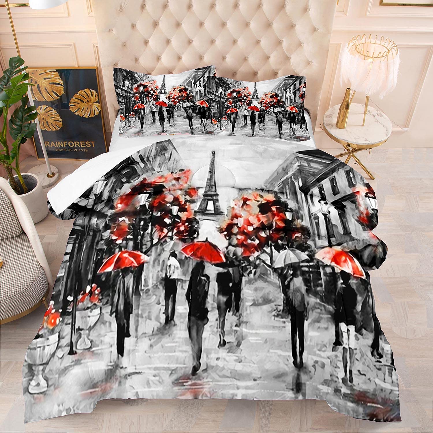 Kxry Paris Bedding Set King Size - Eiffel Tower Comforter for Girls, Women & Adults | French Style Quilt & Rainy Street Duvet Cover (1 Comforter + 2 Pillowcases) | Romantic Bedroom Decor, Gift for Paris Lovers