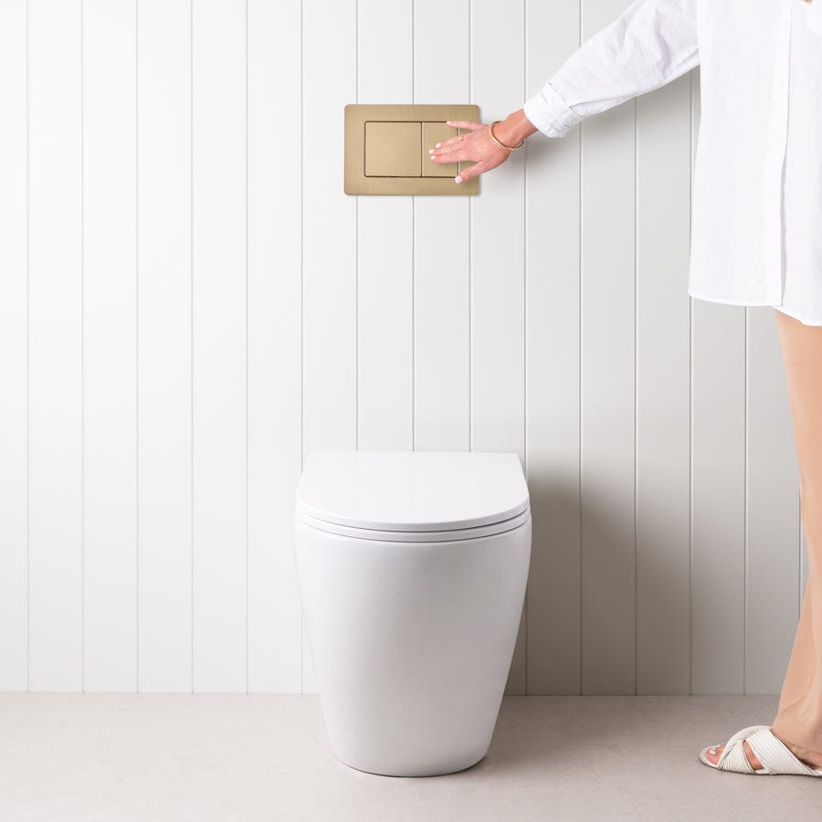 Curved In-Wall Toilet with Rectangle Warm Brushed Nickel Buttons - Modern Water-Saving Design for Bathroom & Commercial Spaces
