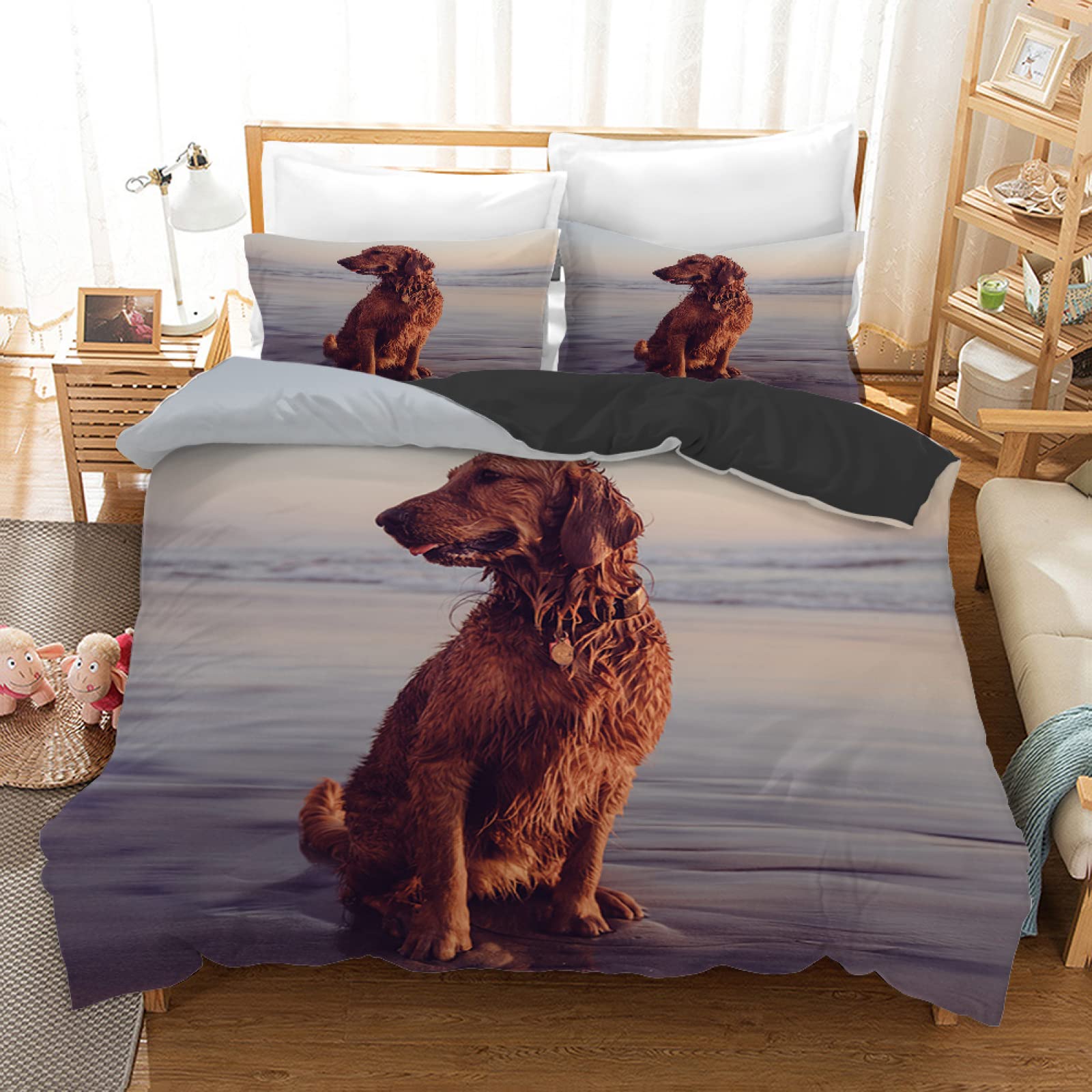 King Size Microfiber Comforter Set - 100g/㎡ Grey Golden Retriever Design with 2 Pillow Covers (20x26) - Soft Bedding for Boys, Girls & Teens - Perfect for Bedroom Decor, Kids Room & Dorm Room