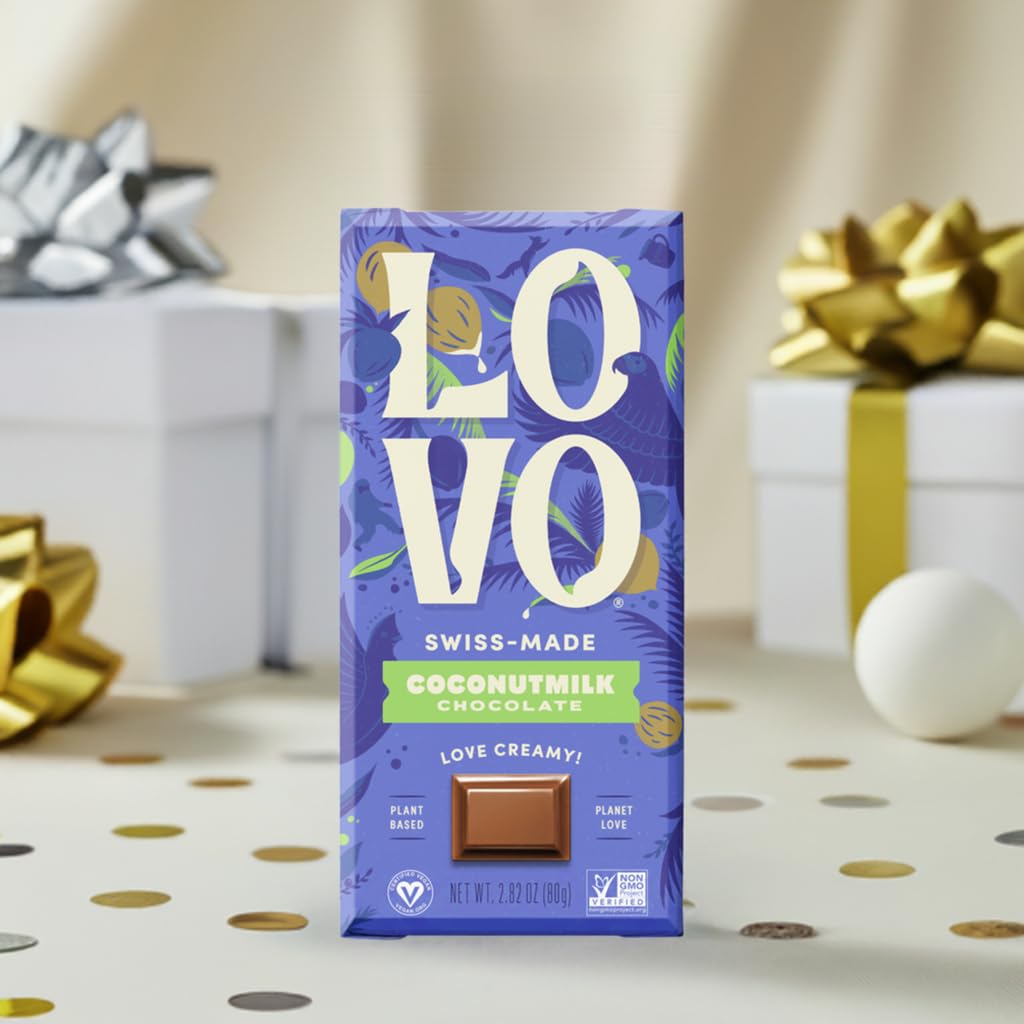 LOVO Vegan Coconutmilk Chocolate Bar - Dairy-Free, Gluten-Free, Plant-Based Milk Chocolate Alternative - Creamy Swiss-Made Chocolate with RFA Certification (2.82oz, Pack of 4) - Perfect for Vegan Desserts, Healthy Snacking & Gift Giving