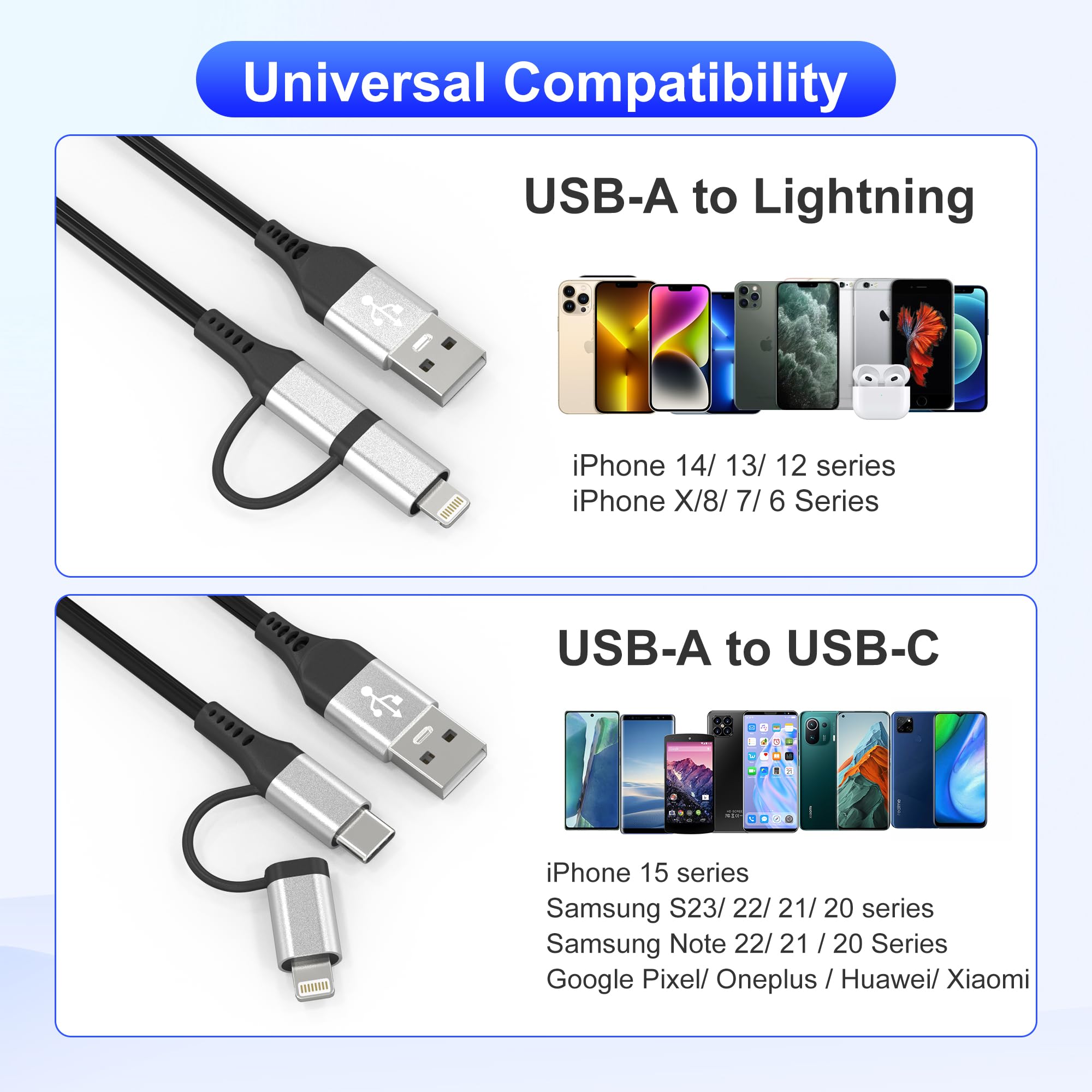 2-in-1 USB to USB-C & Lightning Coiled Cable - MFi Certified Fast Charging & Data Sync (3A) for iPhone 15/14/13/12 & Android - CarPlay & Android Auto Compatible - Perfect for Car Charging & Home/Office Use - Silver