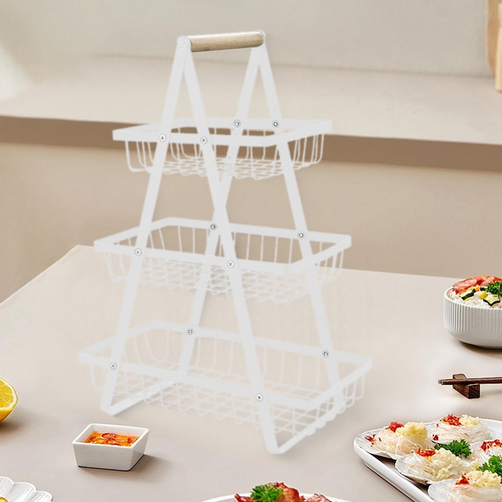 3-Tier White Iron Fruit Basket - Rustic Table Decor for Kitchen & Restaurant | Durable Fruit & Veggie Holder for Dining, Buffet, and Home Decor