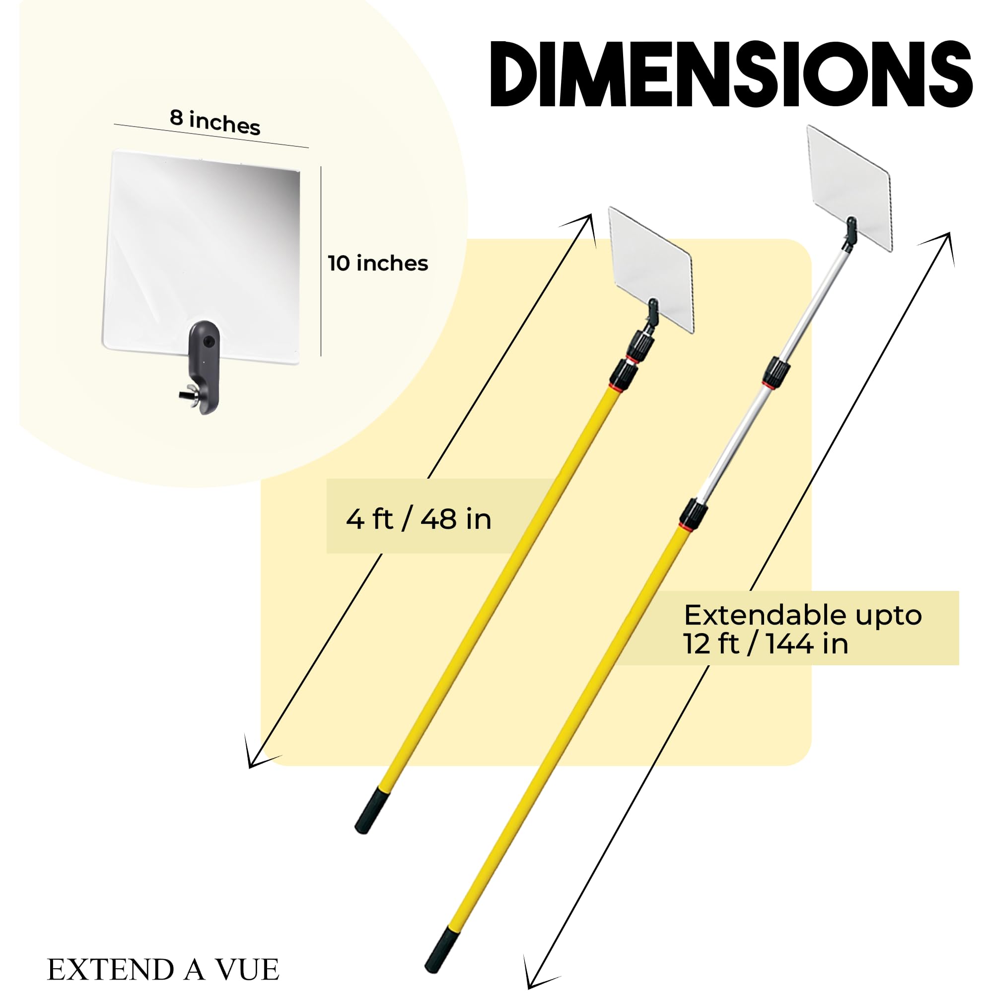 Telescoping Inspection Mirror - Heavy Duty & Lightweight 4ft to 12ft Extendable Pole with 8x10 Inch Acrylic Mirror - Perfect for Automotive, HVAC, and Industrial Maintenance