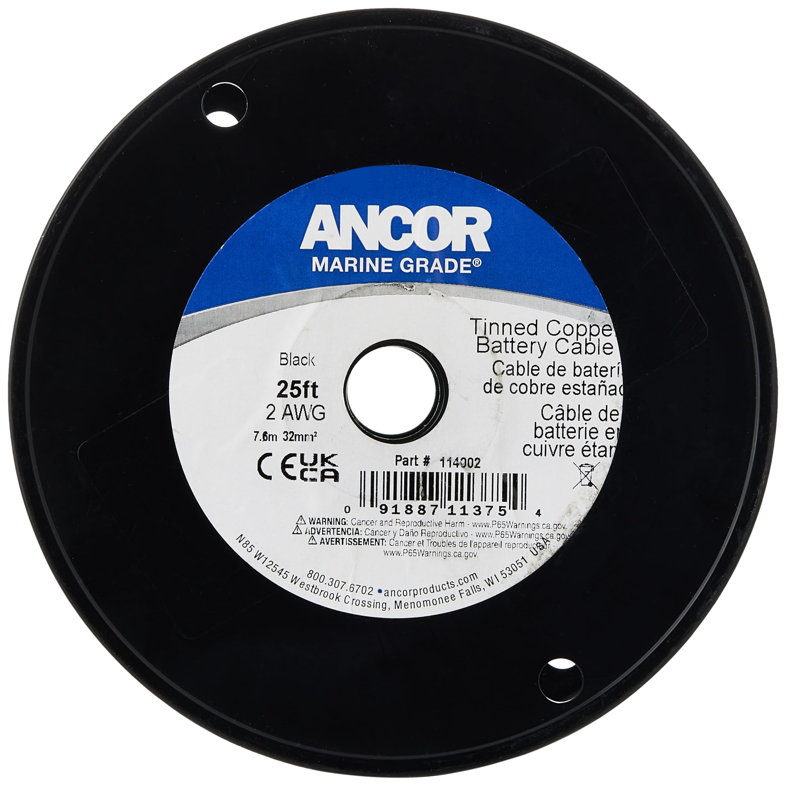 Ancor 114005 2 AWG (32mm2) Tinned Copper Battery Cable - 50ft Black - Marine, RV, Solar & Automotive Power Wiring