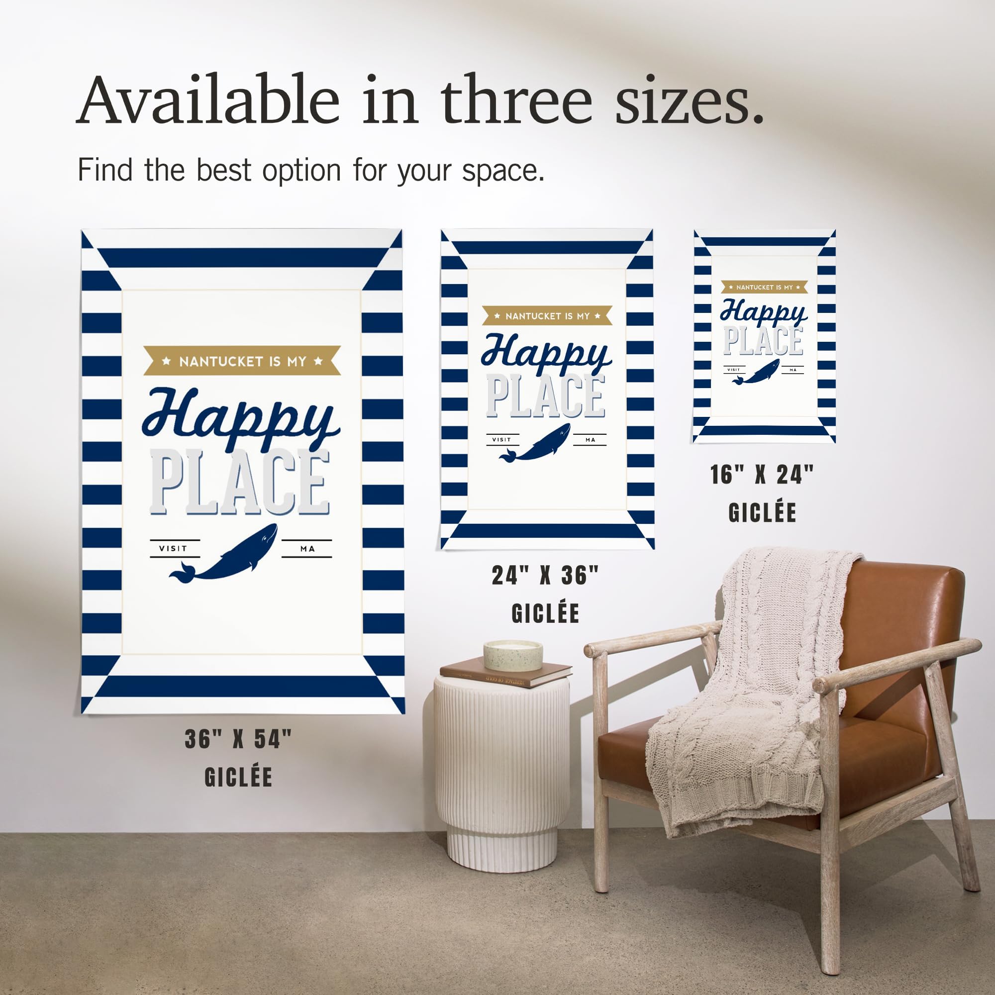 Lantern Press 16x24 Inch Giclee Print - Nantucket Massachusetts Coastal Art, 'Nantucket is My Happy Place' Striped Beach House Wall Decor - Perfect for Living Room, Bedroom or Beach House Interior Design