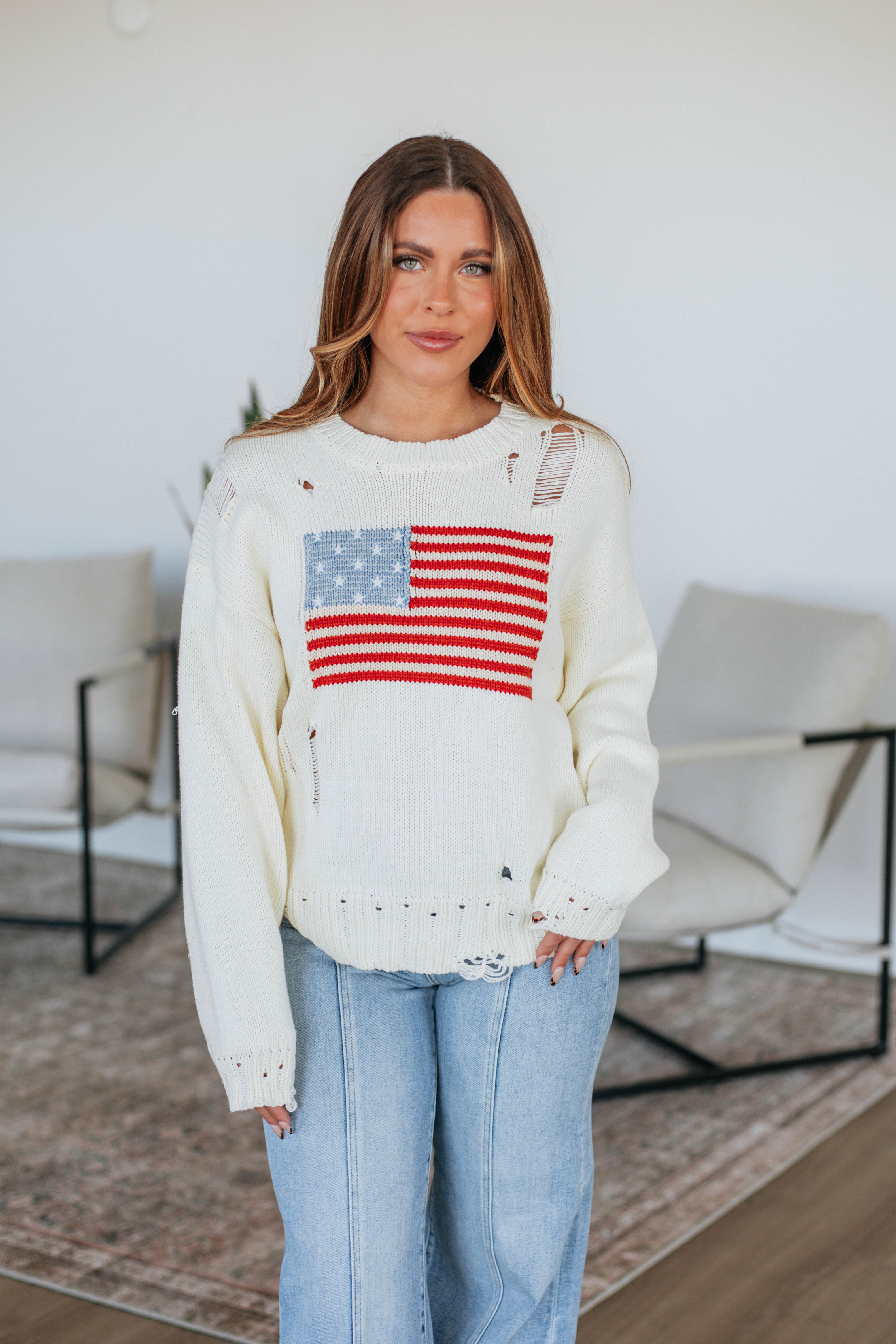 American Dreamin' Sweater - Soft Cream Knit Pullover for Women | Cozy Casual Wear for Fall & Winter | Perfect for Office, Dates & Weekend Outings