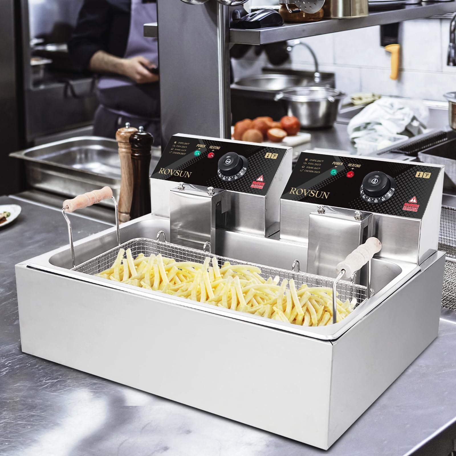 ROVSUN 23.8QT 5000W Commercial Electric Deep Fryer with Basket - Adjustable Temperature Stainless Steel Oil Fryer for Turkey, Chicken, French Fries - Perfect for Home Kitchen, Restaurant & Catering Use