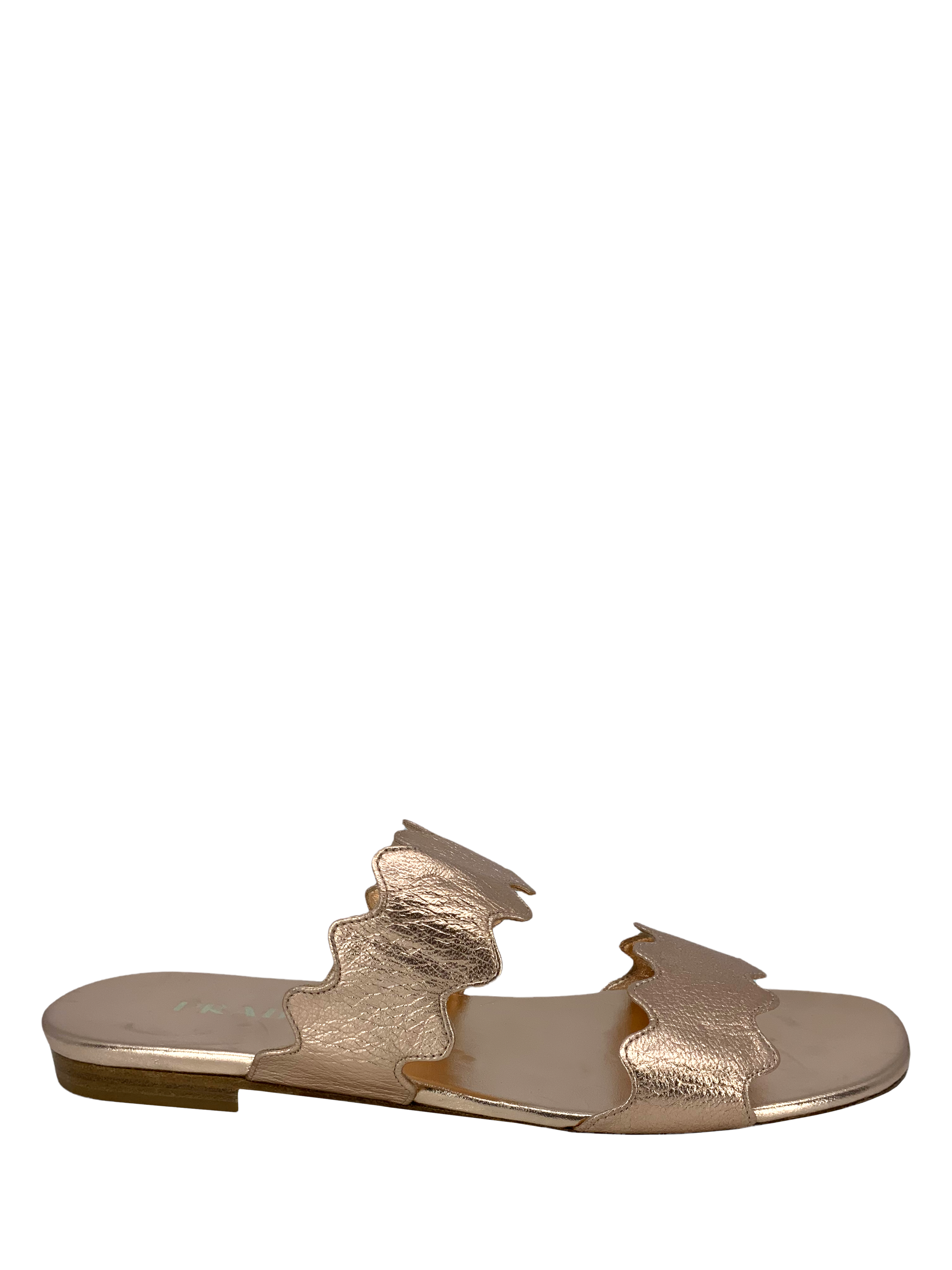 Prada Women's Scalloped Metallic Flat Two-Band Slide Sandals - Size 8.5 | Comfortable Summer Fashion Sandals for Beach, Vacation & Casual Outings
