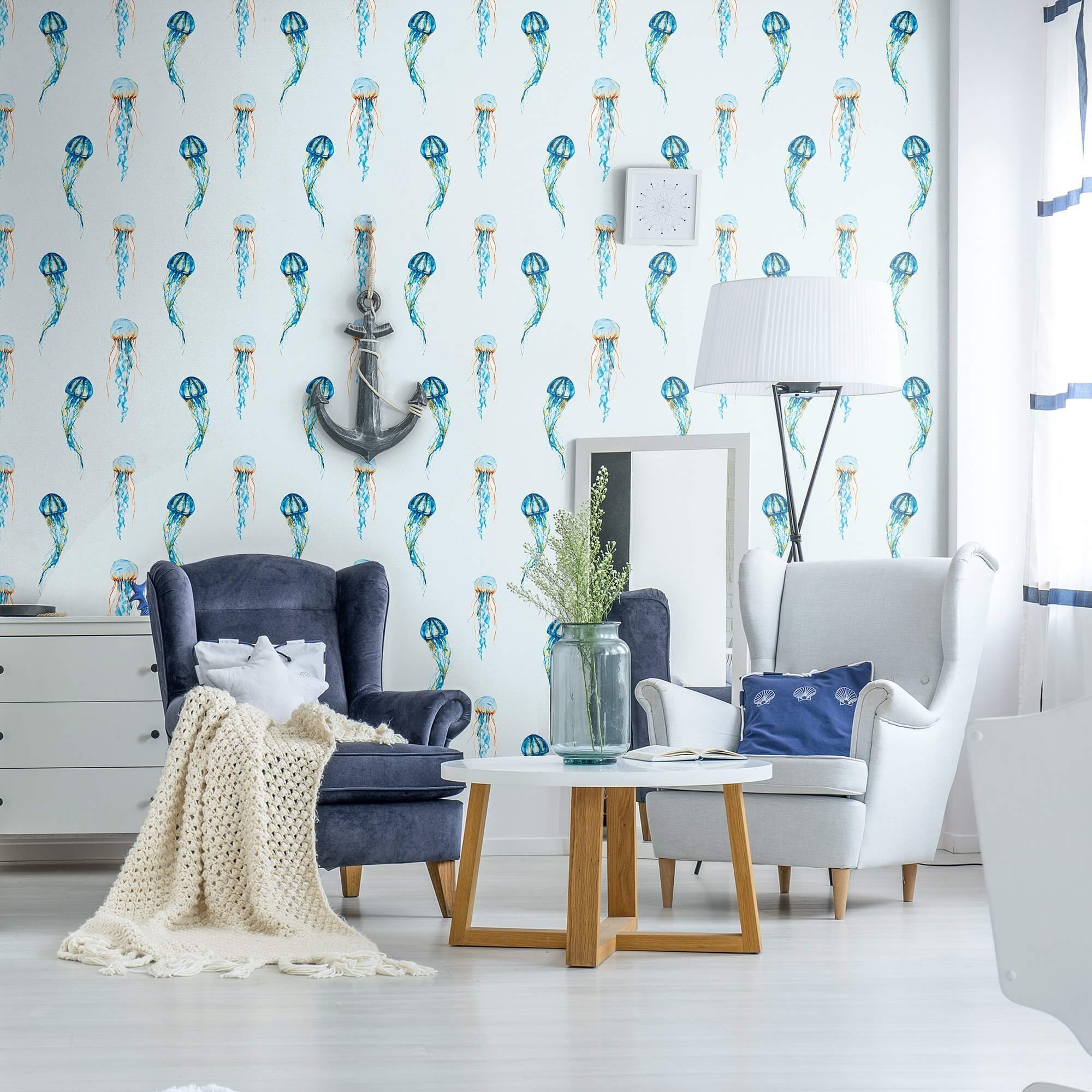 Blue and Orange Nautical Peel and Stick Removable Wallpaper - Self-Adhesive Decorative Wall Covering for Bedroom, Bathroom, Kitchen & Nursery - Easy to Apply & Remove - 2958