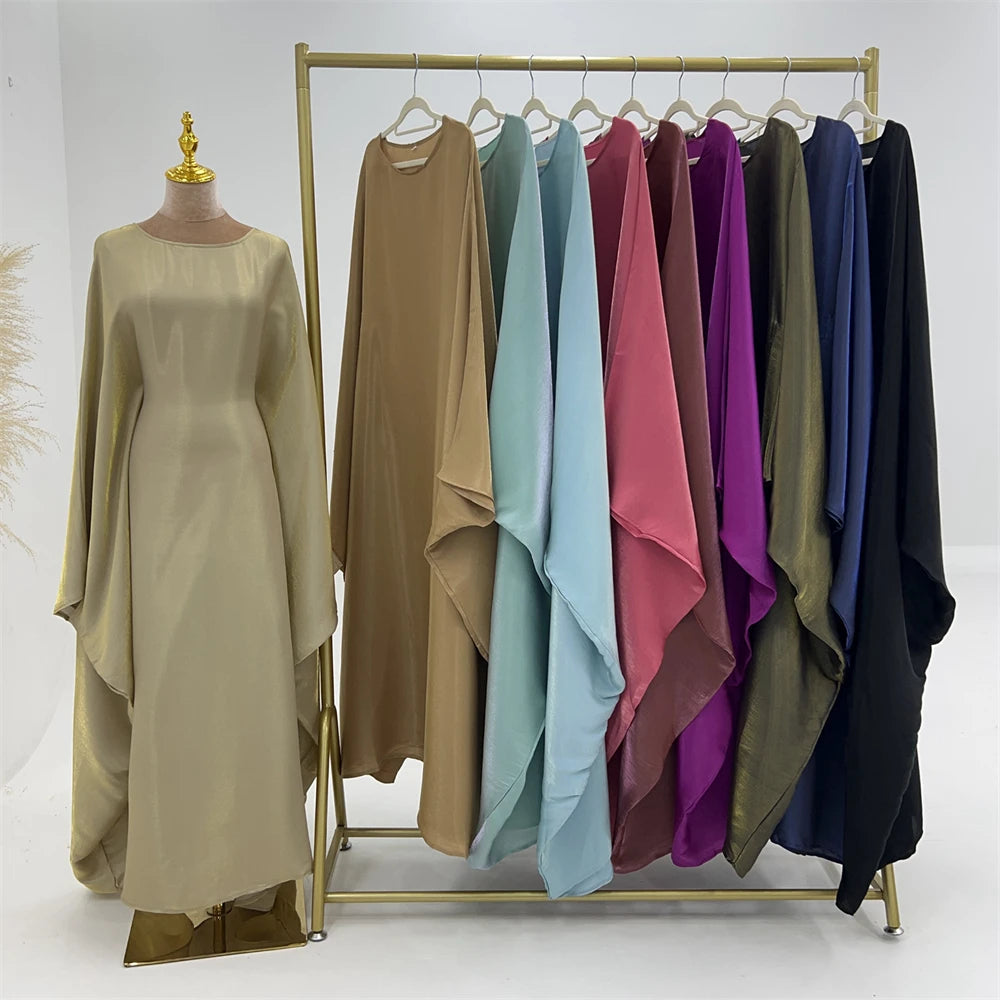 Elegant Batwing Sleeve Satin Abaya Dress for Women - Modest Muslim Prayer Dress for Eid, Wedding & Special Occasions