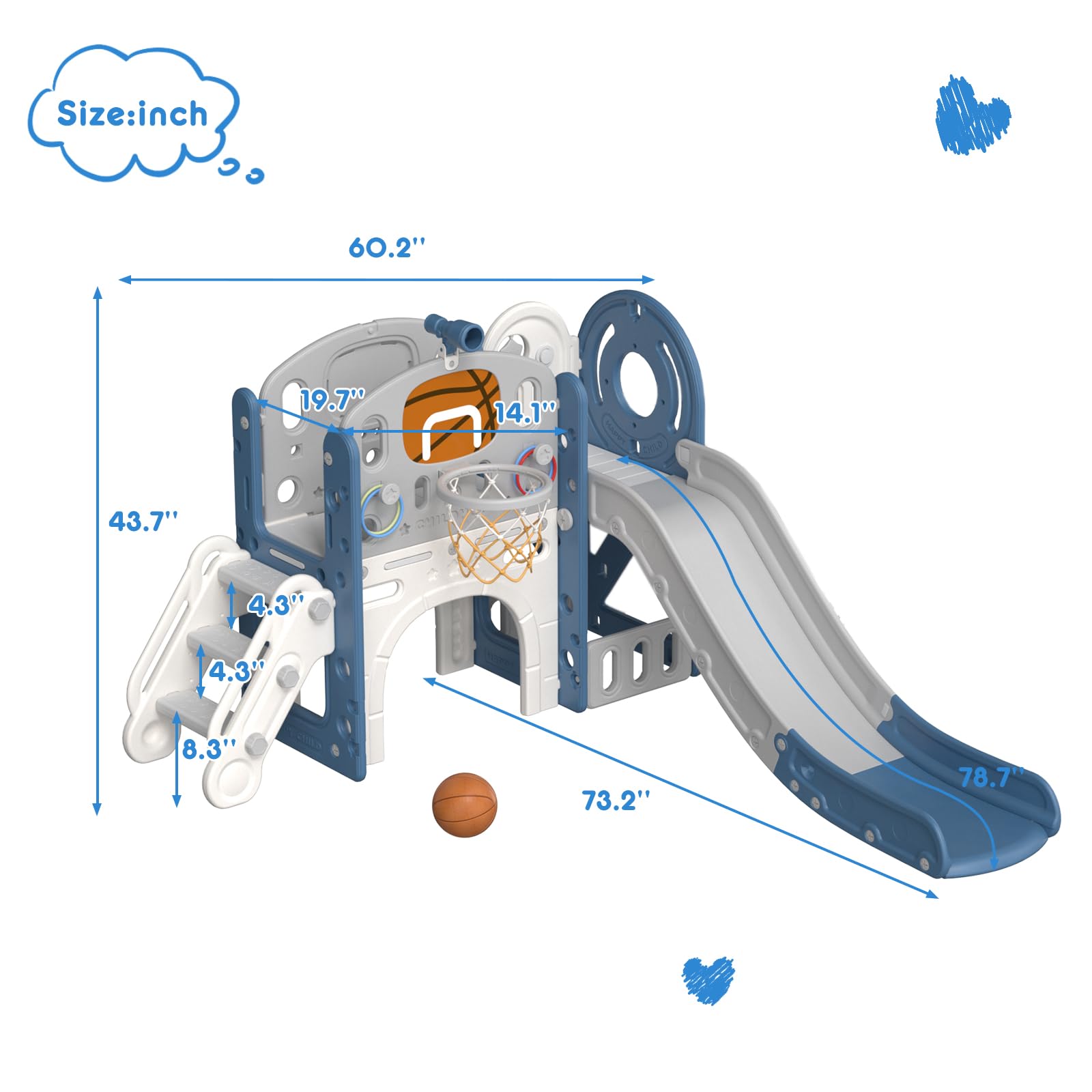 XJD 8-in-1 Toddler Slide and Climber Playset with Basketball Hoop - Indoor & Outdoor Playground for Kids Ages 1-3 Years - Perfect for Backyard, Playroom, Daycare and Preschool (Blue Grey)