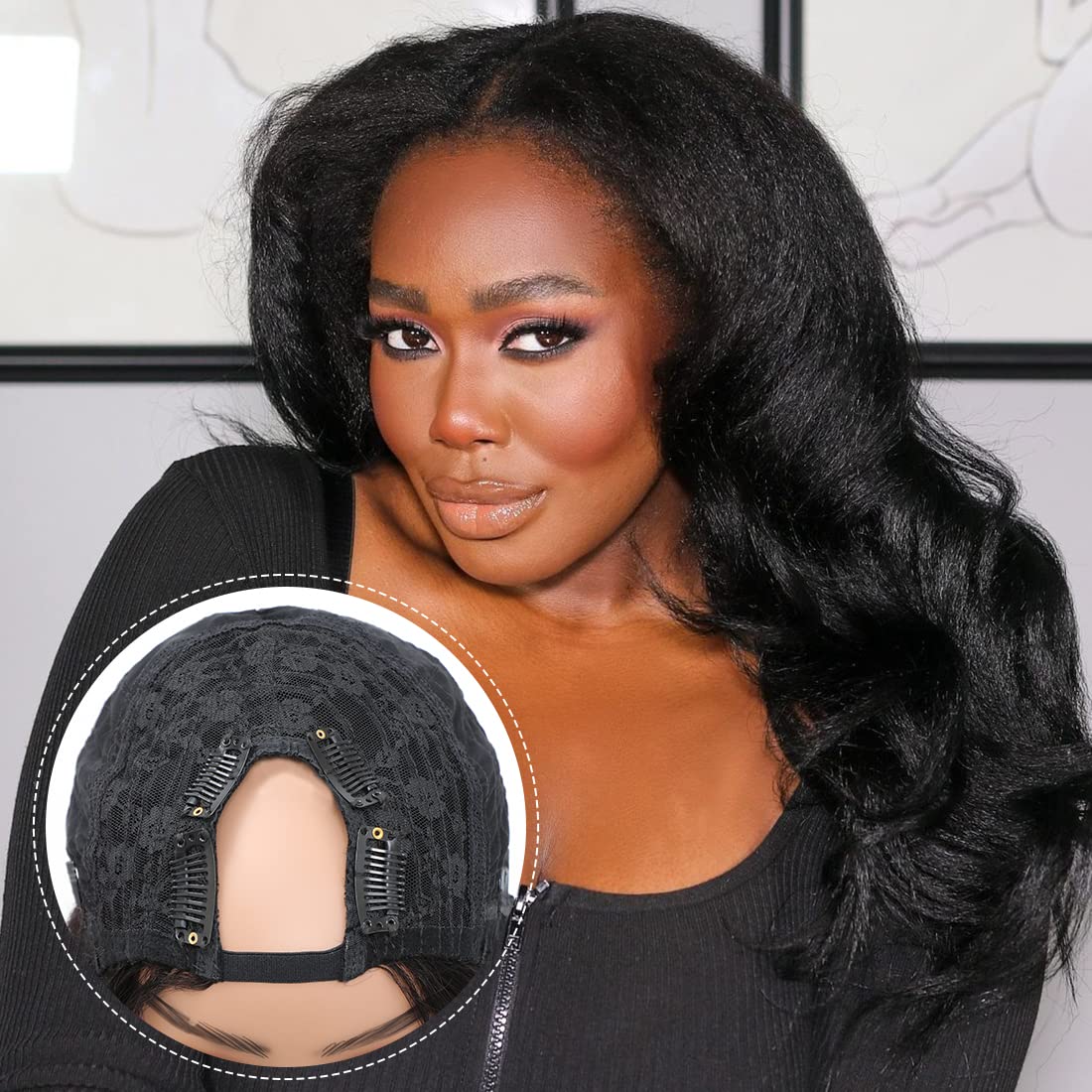 U Part Wigs for Black Women - 20 Inch Kinky Straight Human Hair Wig | Italian Yaki Straight U-Shape Clip-In Half Wig | Perfect for Daily Wear, Parties & Protective Styling