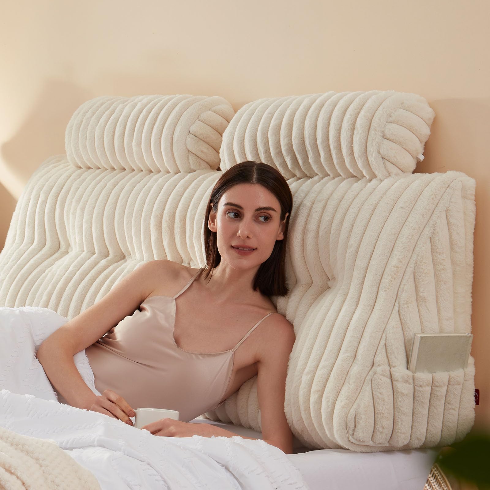 Luxury Faux Fur Headboard Pillow Set - 2 Pack Neck Roll Pillows with Soft & Supportive Queen Size Headboard Cushion & Removable Cover (Beige) - Perfect for Bedroom Decor, Reading, Relaxing & Back Support