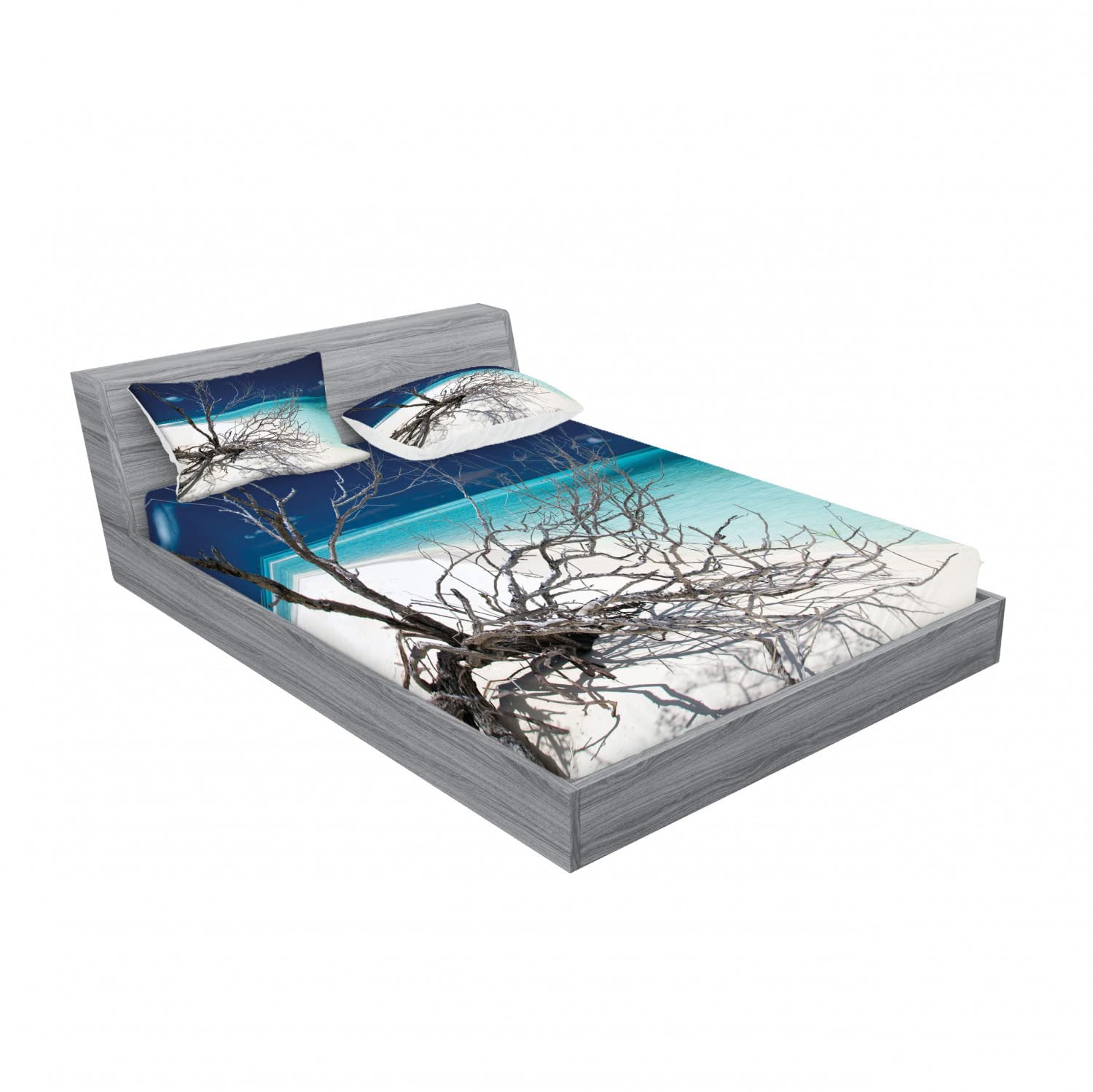 Ambesonne 2-Pack Queen Size Fitted Sheets & 4 Pillow Shams Set - Coastal Seascape Driftwood Design in Turquoise Blue | Beach Themed Bedding Decor for Guest Rooms, Vacation Homes & Coastal Style Bedrooms