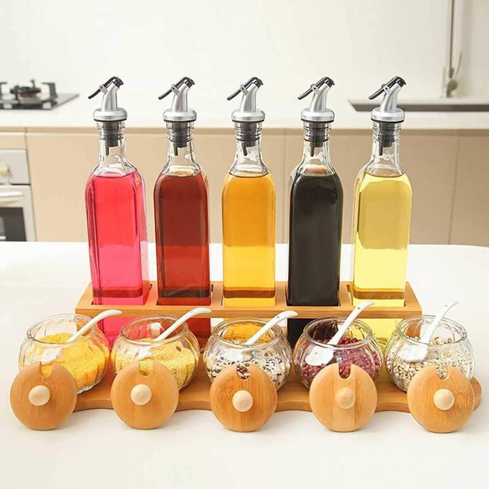 10-Piece Glass Spice Jar Set with Bamboo Wood Storage Rack - Vinegar & Oil Cruet Bottles with Spoon - Perfect for Kitchen Pantry Organization & Seasoning Display
