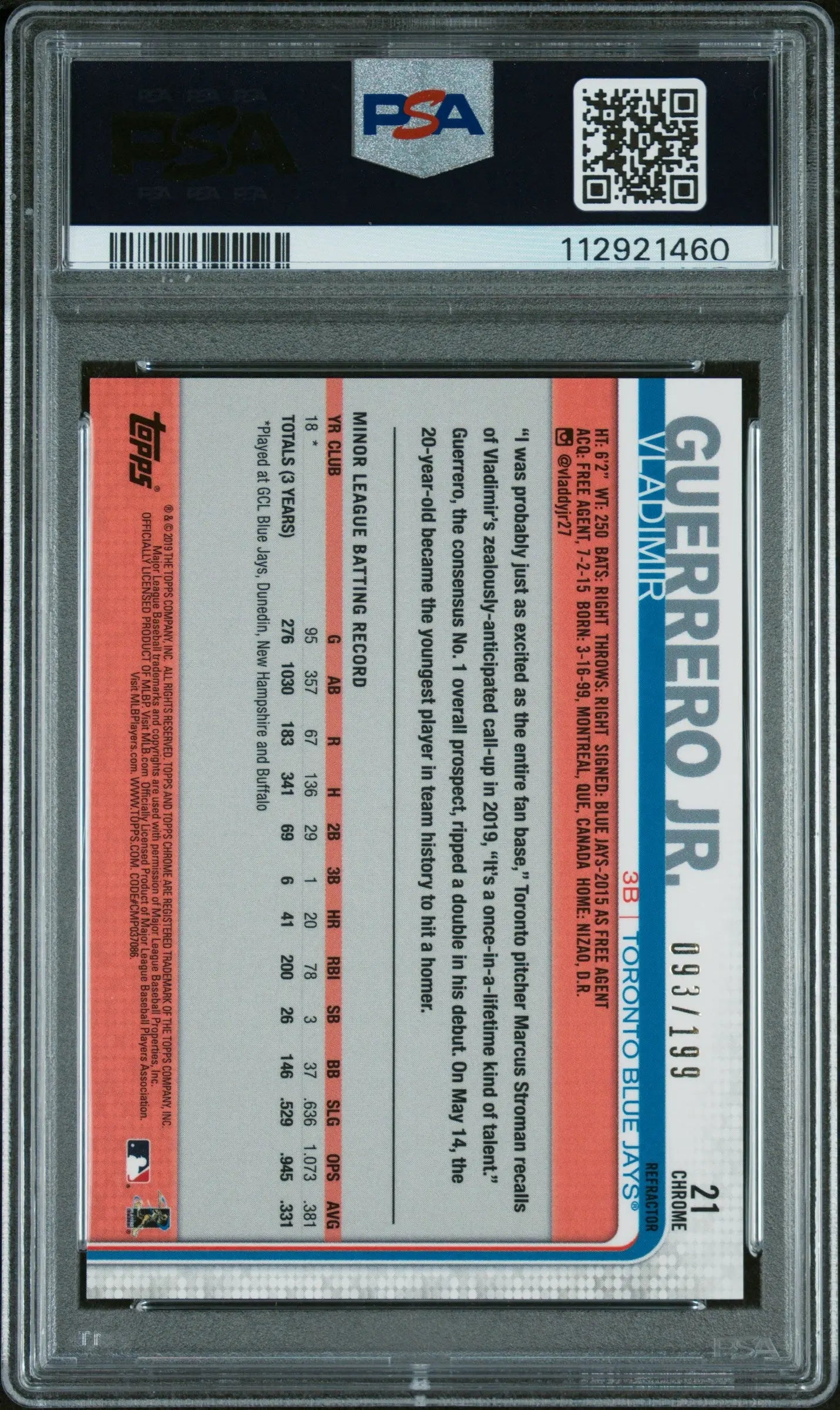 2019 Topps Chrome Update Baseball Vladimir Guerrero Jr. RC X-Fractor PSA 10 /199 - Rare Baseball Card for Collectors & Investors - Perfect for Display, Trading, and Portfolio Growth