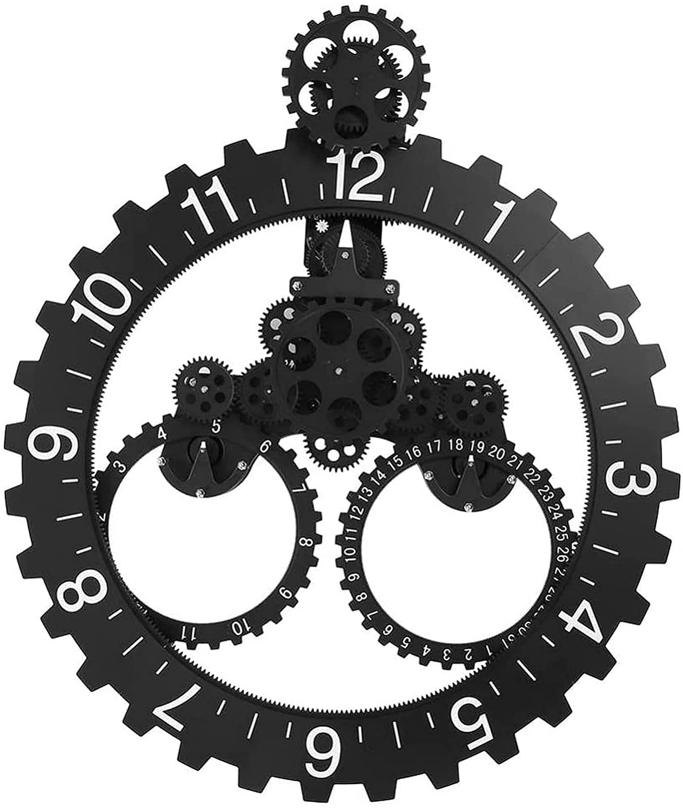 3D Moving Gear Wall Clock with Calendar - Large Cogwheel Silent Wall Clock for Living Room, Bedroom, Kitchen - Easy to Install Black Art Home Decor | Perfect for Industrial Decor, Office, Man Cave & Gift Ideas