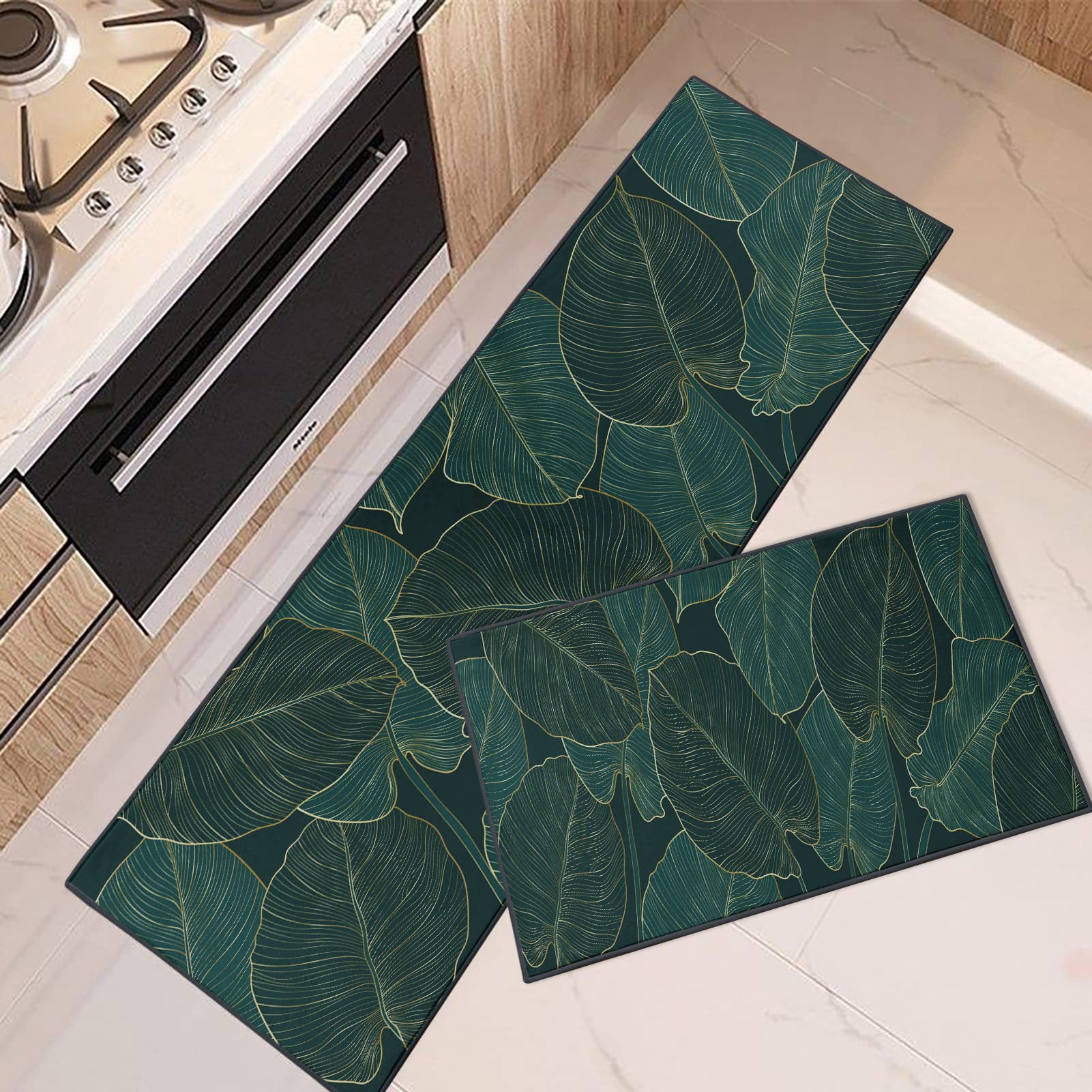 ArtSocket Non-Slip Washable Kitchen Rugs Set of 2 - Golden Palm Leaf & Green Floral Design, Anti-Skid Floor Mats for Under Sink, Runner Rug for Kitchen Entrance - Perfect for Home Decor, Cooking Safety & High-Traffic Areas