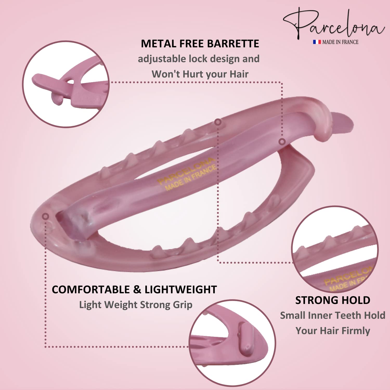 French Plain Oval Small Celluloid Hair Barrette Clips - Metal Free Women's Hair Accessories Made in France (Light Pink, 3.25 Inch) - Perfect for Weddings, Parties & Everyday Elegant Hairstyles