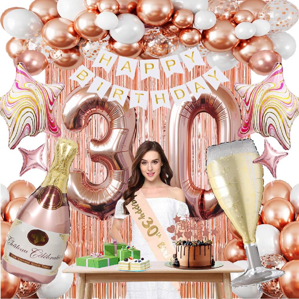 Rose Gold 30th Birthday Party Decorations for Women - Happy Birthday Banner, Cake Topper, Foil Balloons & Sash - 30 Birthday Party Supplies for Her - Perfect for Milestone Celebrations, Girls' Thirty Birthday Parties & Special Occasions
