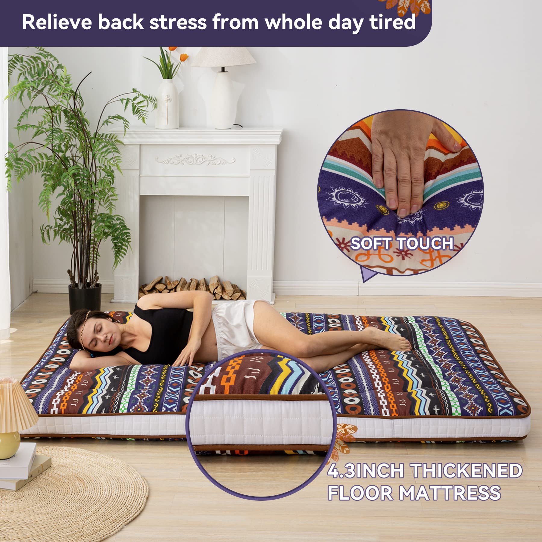 Japanese Floor Futon Mattress - Extra Thick 4 Inch Foldable Roll Up Bed Topper Mat for Guest, Lounger & Travel - Perfect for Small Spaces, Camping & Home Decor