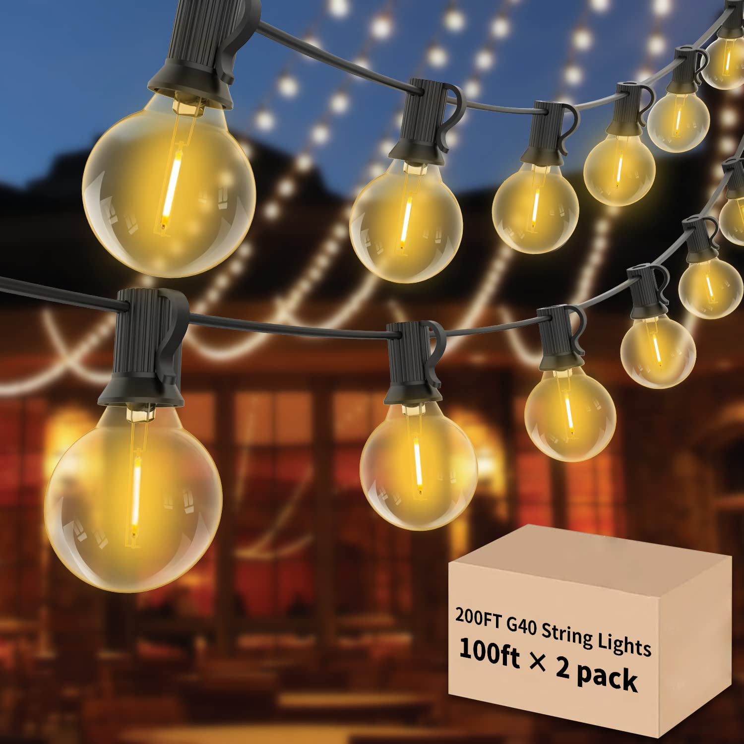 200FT Outdoor String Lights - 2 Pack 100ft G40 Globe LED Patio Lights with 104 Shatterproof Waterproof Bulbs, Dimmable for Garden, Cafe, Bistro, Backyard, Wedding & Party Decor - Indoor/Outdoor Weatherproof Hanging Lights