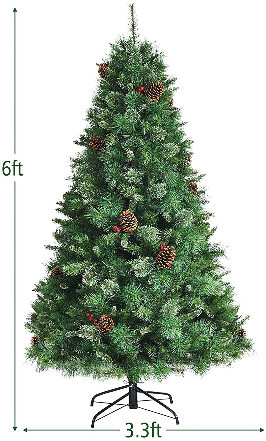 CHEFJOY 7ft Artificial Christmas Tree with Realistic PVC Pine Needles, Red Berries & Pine Cones - Pre-Lit Hinged Xmas Tree with Metal Stand for Easy Assembly | Perfect for Living Room, Office & Holiday Decorations