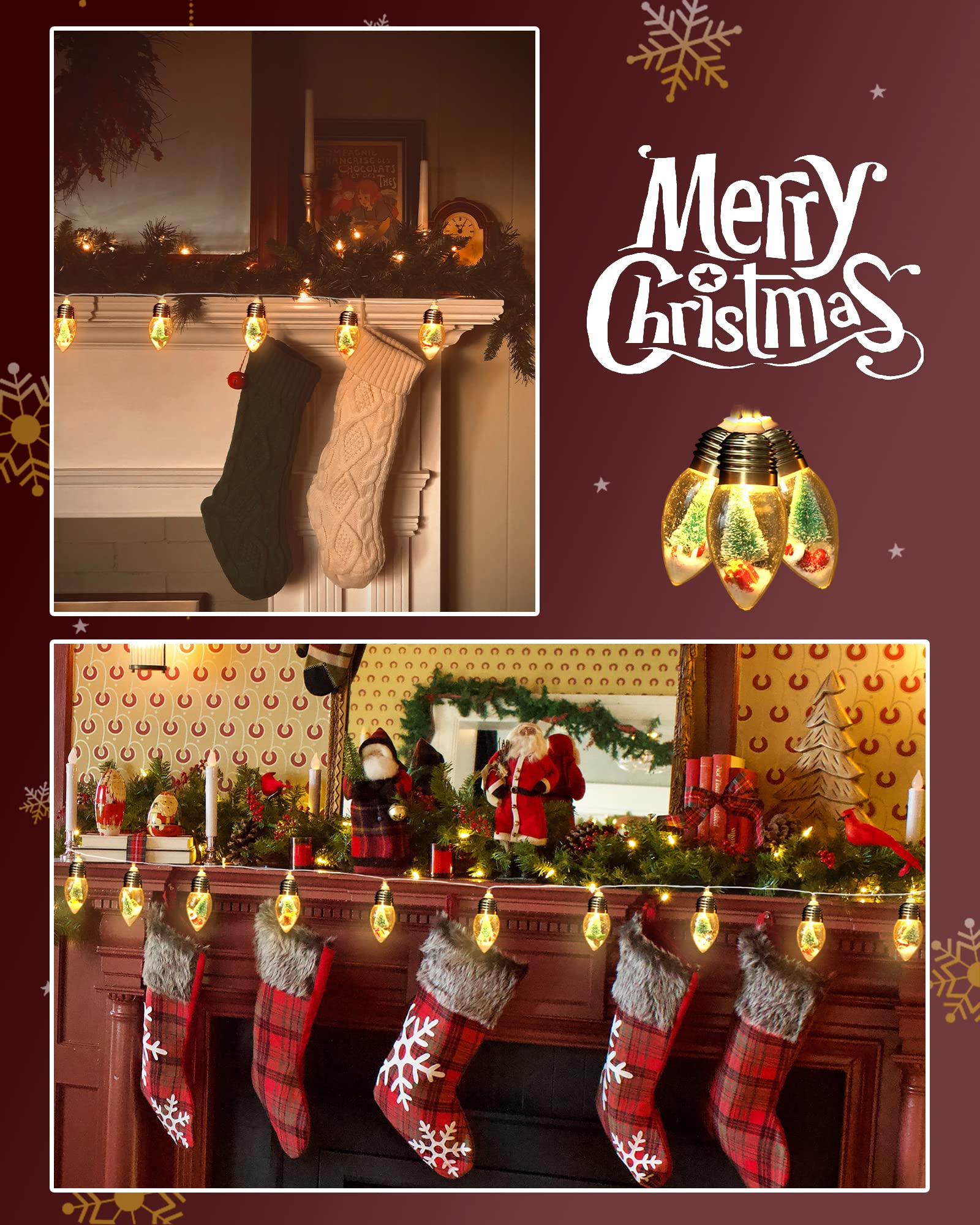 6.6ft Christmas Tree Snow Globe String Lights - 10 LED Globe Bulbs with Tree, Snow & Cute Ornaments for Indoor, Bedroom, Patio, Fireplace Decor | Perfect for Holiday, Xmas, Winter Home Decoration & Party Lighting