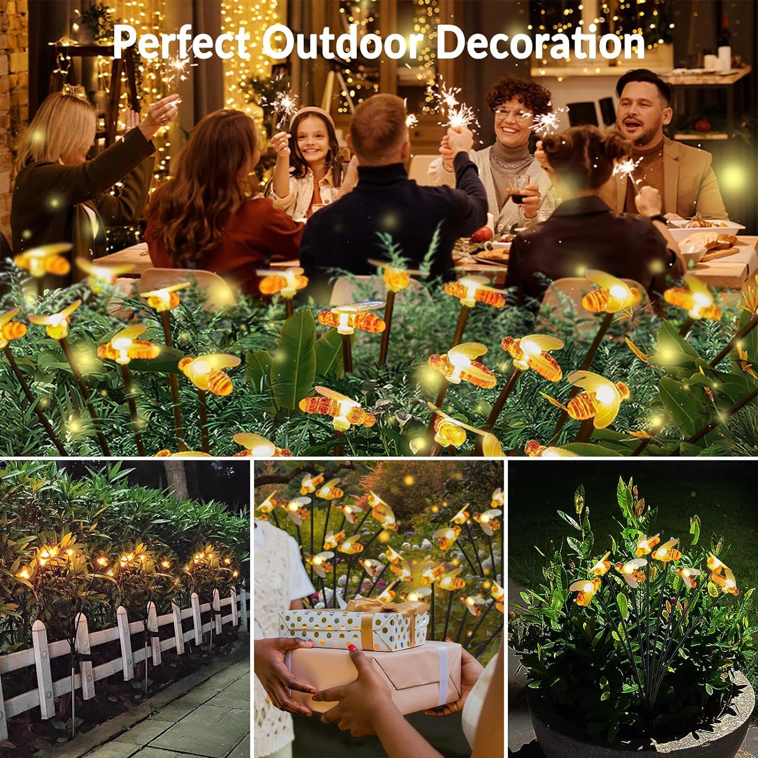 16LED Solar Bee Firefly Lights - 2 Pack Waterproof Outdoor Solar Garden Lights with 2 Lighting Modes, Wind Sway Effect for Yard, Patio, Walkway Decoration (Warm White) | Perfect for Garden Parties, Pathway Lighting & Backyard Ambiance