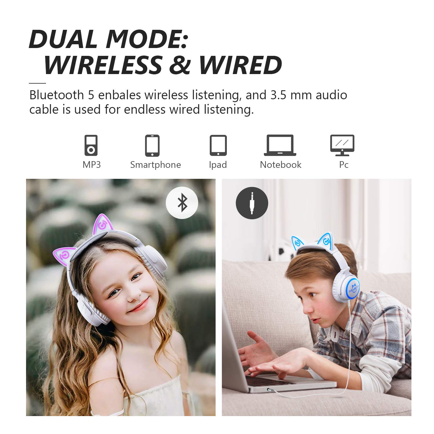 **Cat Ear Headphones for Kids & Adults - Wired & Wireless LED Light Up Foldable Bluetooth Headphones with Microphone - Perfect for Travel, iPad, Tablet, School & Gaming Gifts**