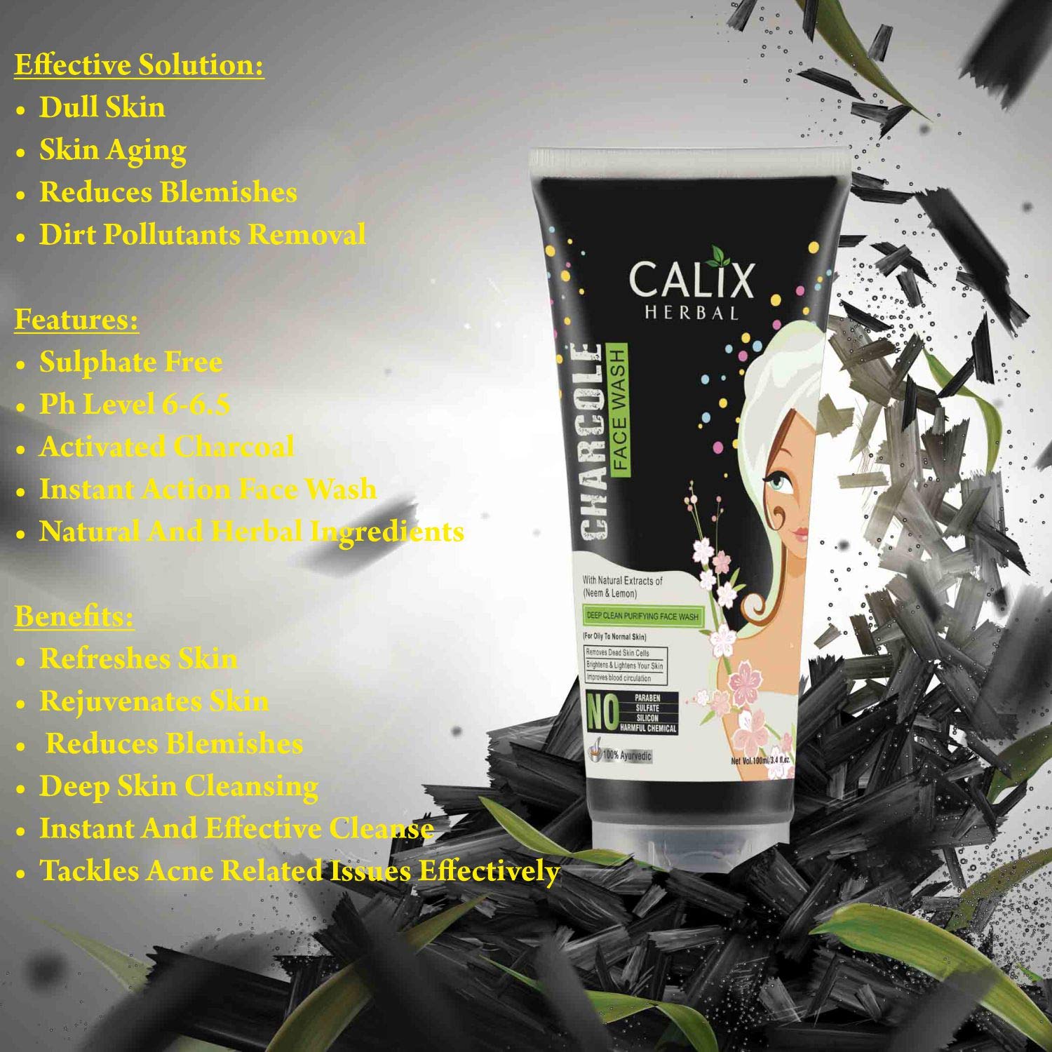 Calix Herbal Organic & Ayurvedic Charcoal Face Wash - Anti-Pollution, Exfoliating & Brightening Formula for Oily to Normal Skin | Oil Control & Acne Treatment | 100ml | Perfect for Daily Cleansing & Detoxifying Skin Routine