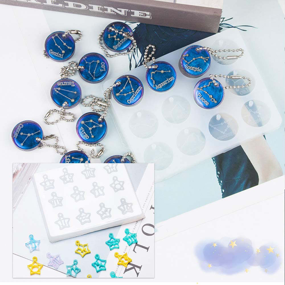 SunnyClue DIY 12 Constellations Resin Molds Set - Epoxy Disc Pendant & Rectangle Silicone Molds Kit with 18.7