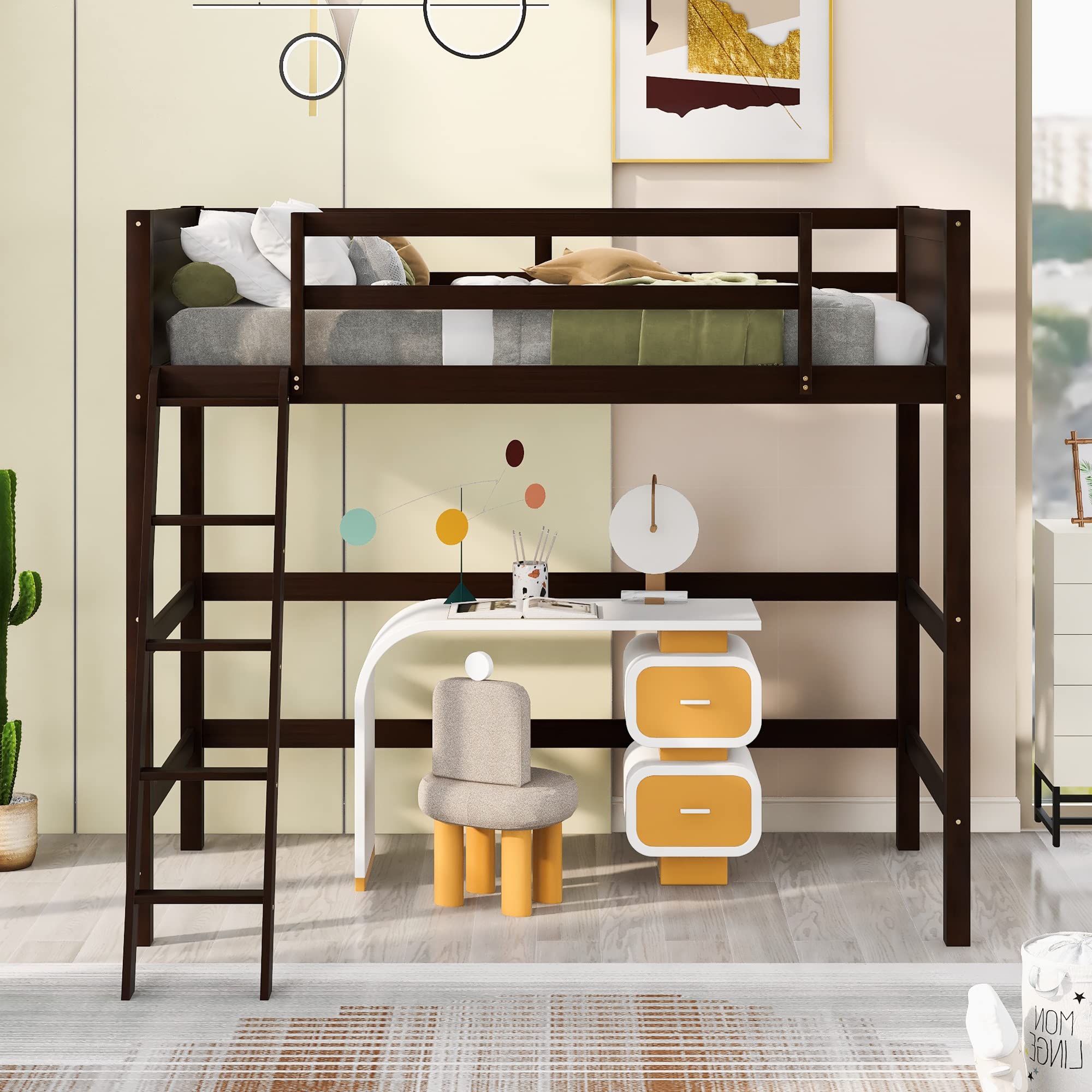 P PURLOVE Twin Loft Bed Frame with Angled Ladder - Solid Wood Loft Bed for Kids & Teens (Espresso Finish) - Space-Saving Bedroom Solution for Small Rooms & Dormitories