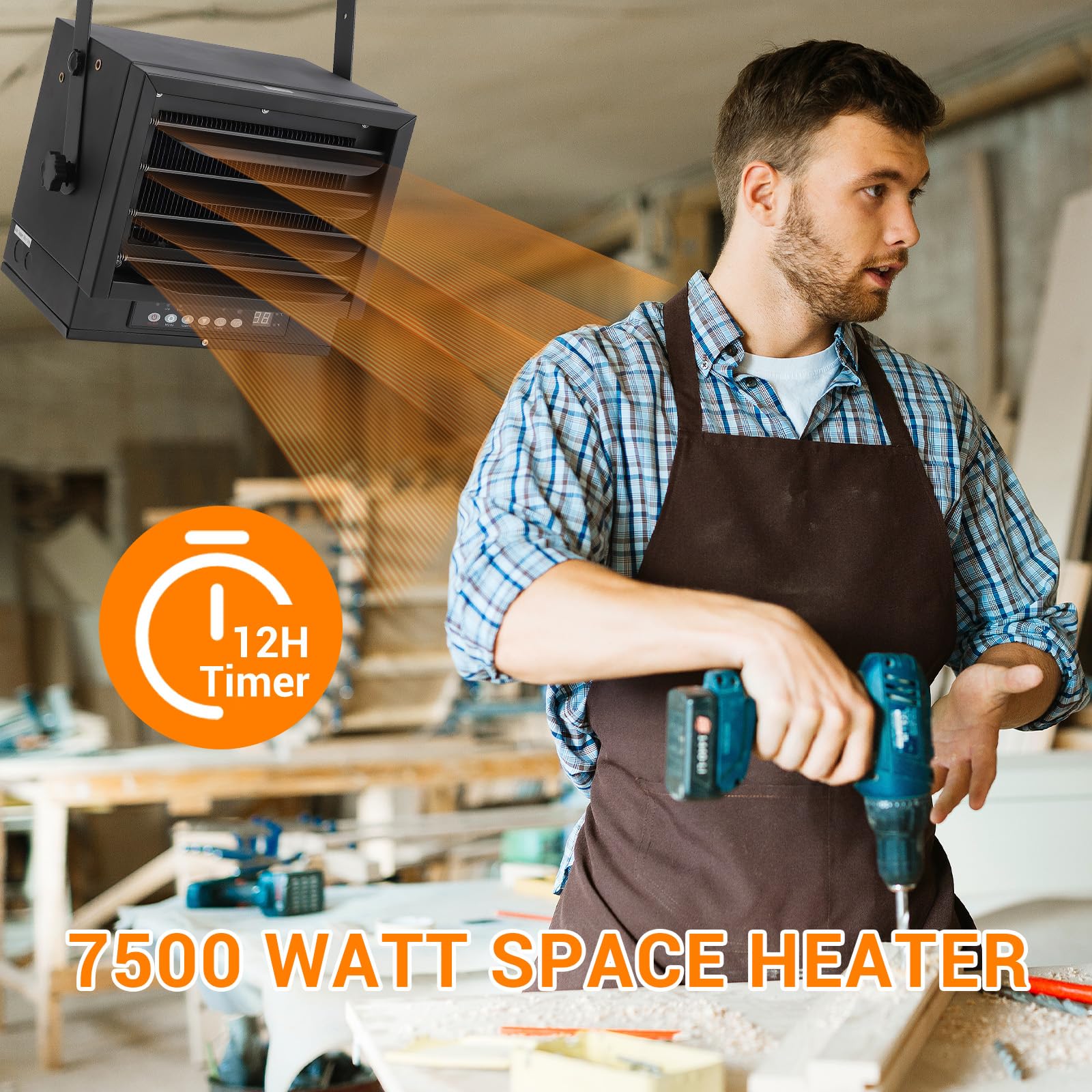 7500W 240V Electric Garage Heater with Remote Control - Ceiling Mount Shop Heater with 12-Hour Timer & Overheat Protection - Perfect for Workshop, Warehouse & Home Garage Heating in Winter