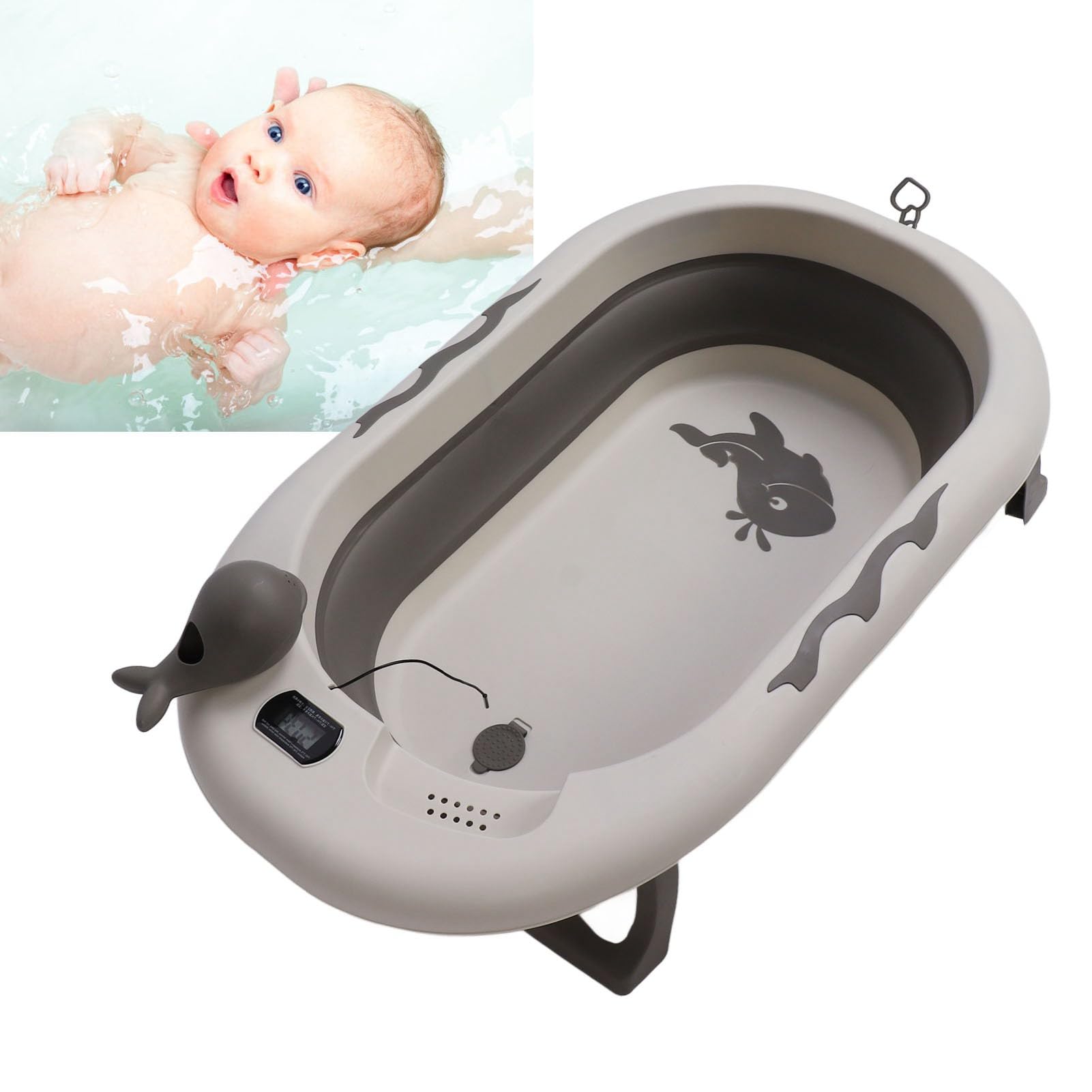 Foldable Temperature-Sensing Baby Bathtub with Drain - Widened Design for Newborns & Toddlers - Portable Infant Bath Tub for Home, Travel & Daily Use