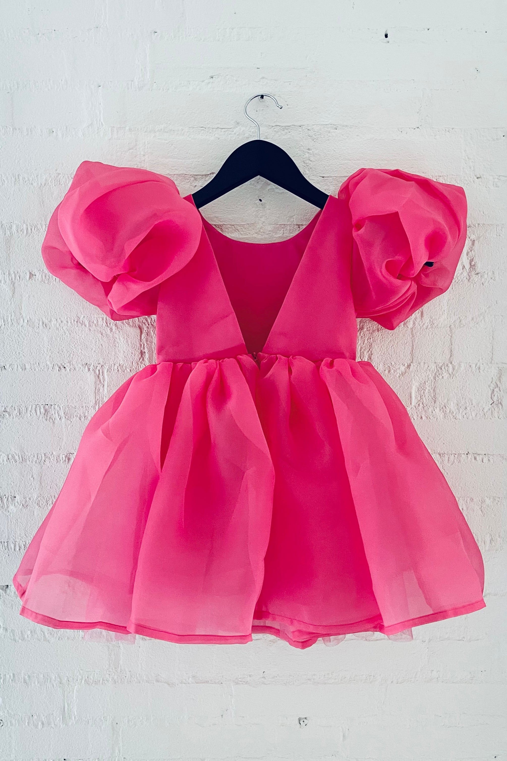 Elegant Hot Pink Satin Organza Puff Sleeve Party Dress for Women - Perfect for Weddings, Proms, and Special Occasions